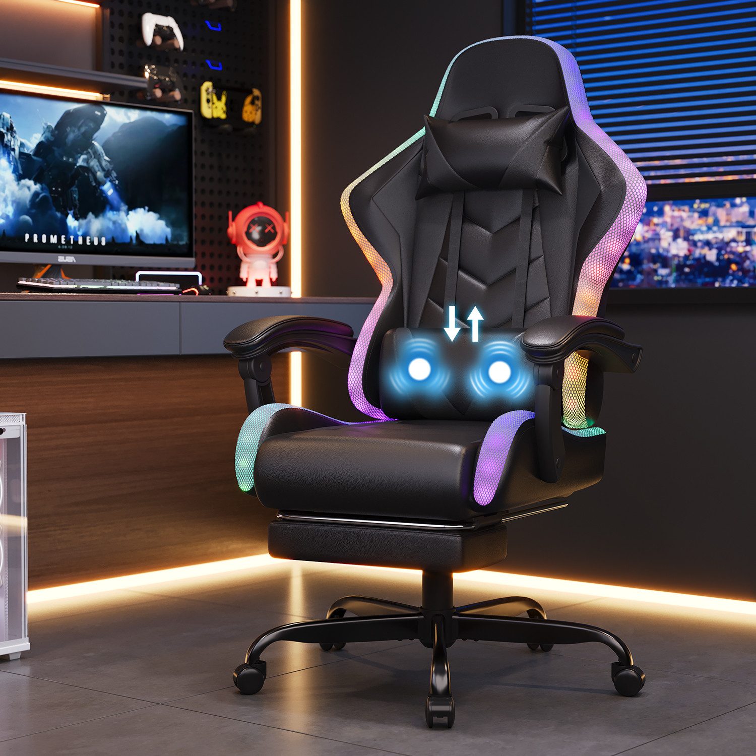 HOMALL Gaming-Stuhl mit LED,Ergonomisch,Fußstütze,computerstuhl,gaming stuhl mit massage (Die LED-Beleuchtung ist einstellbar, das Massagekissen für den Rücken ist beweglich), Ergonomischer Bürostuhl,Kopfstütze und Lendenstütze