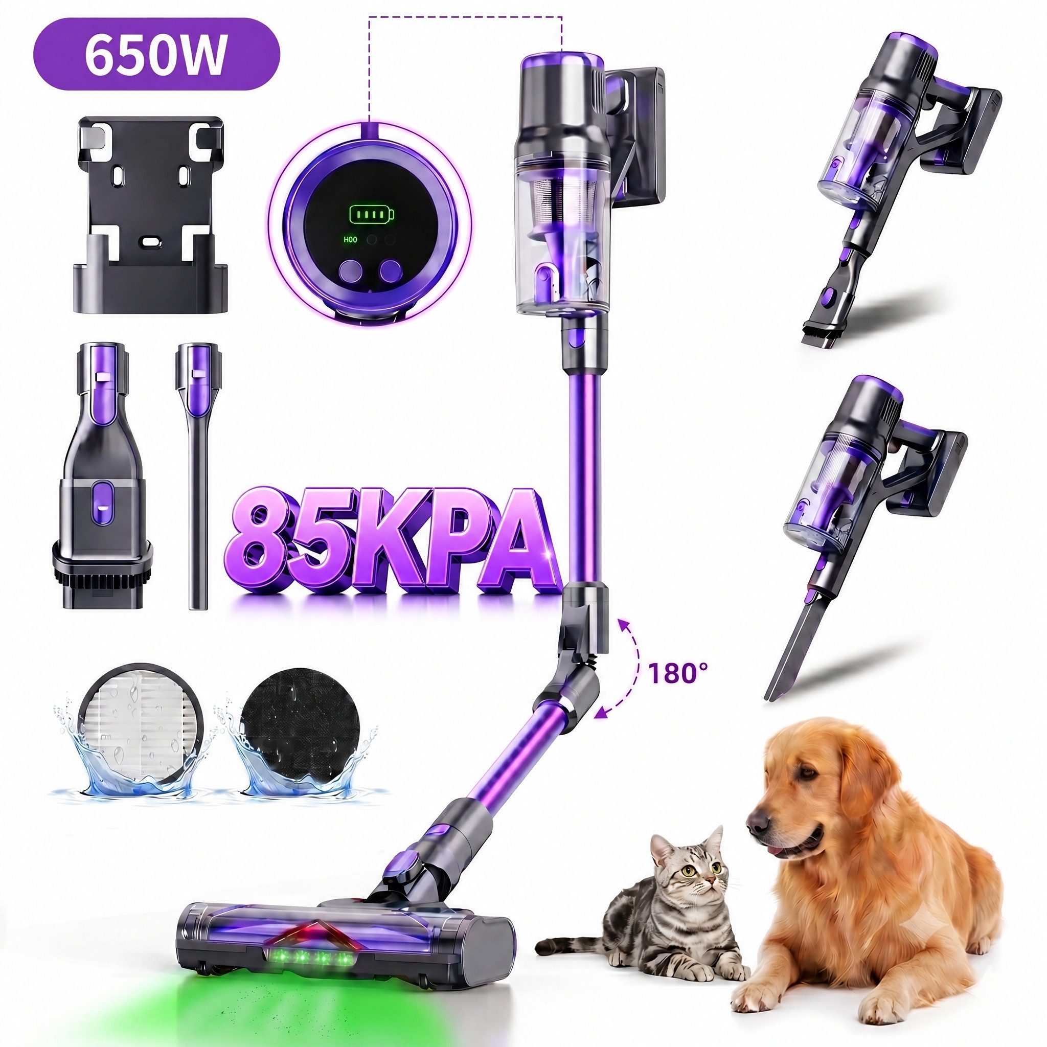Blossom Akku-Hand-und Stielstaubsauger Akku Staubsauger 85000Pa/650W/65Min, 2L Staubsauger Kabellos, 2 L, 50dB leise/6-Stufen-Filter/OLED Display,Ideal für Böden/Teppiche/Auto