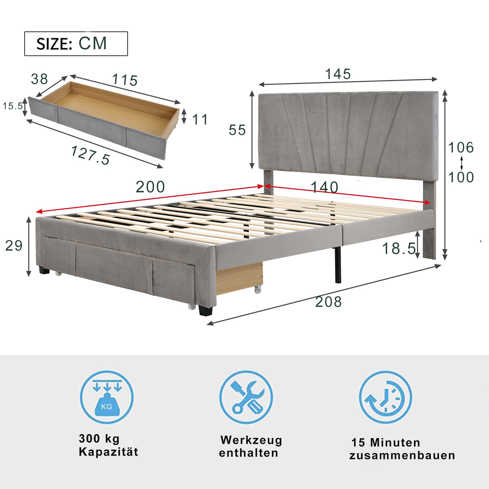 Doppelbett Polsterbett großer Polsterbett Bettrahmen und Schublade) Funktionsbett (mit Grau Rückenlehne SPLOE HAUSS