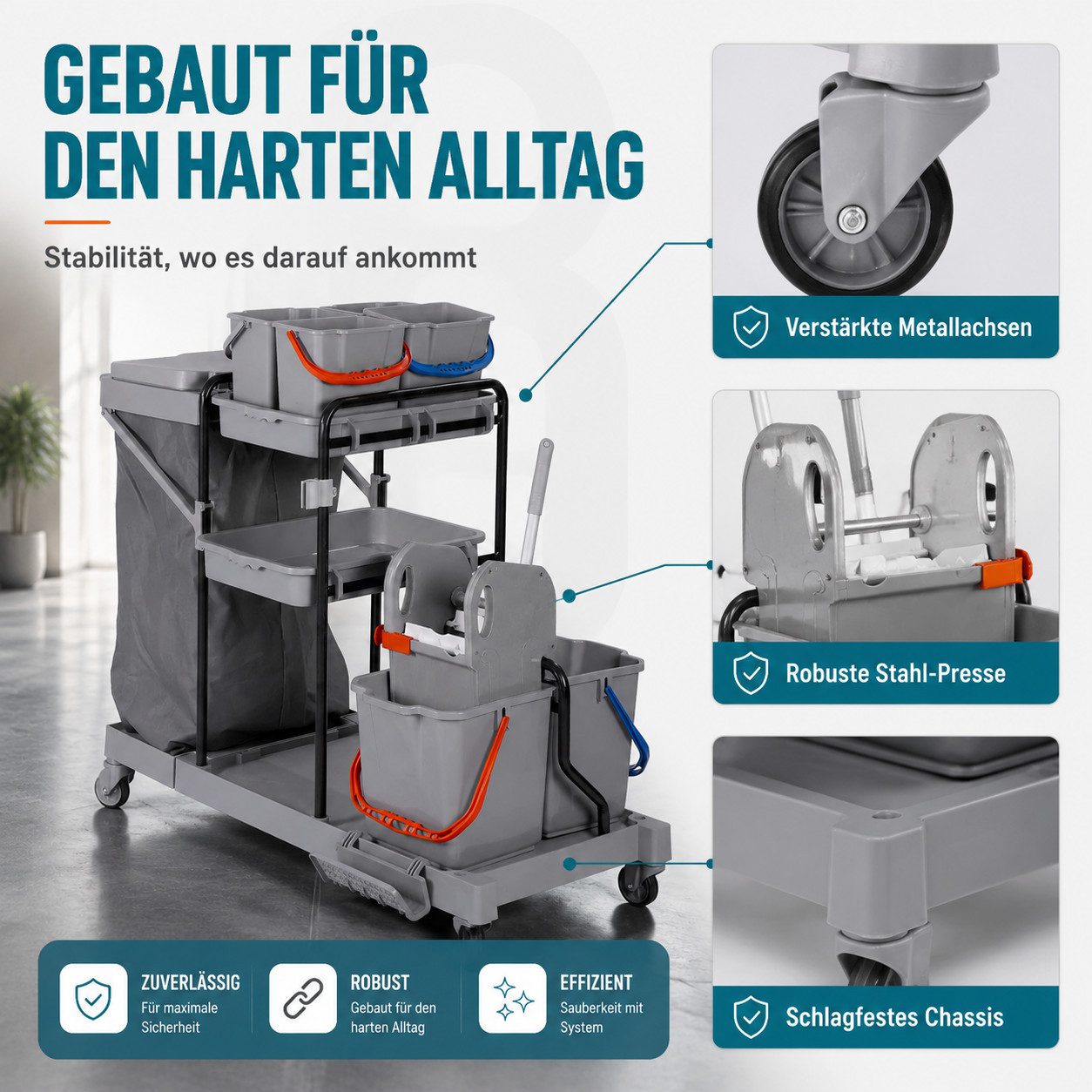 Bellanet Putzwagen Profi-Reinigungswagen 2x18L + 4x6L Eimer, Mopp-Presse, leise Rollen