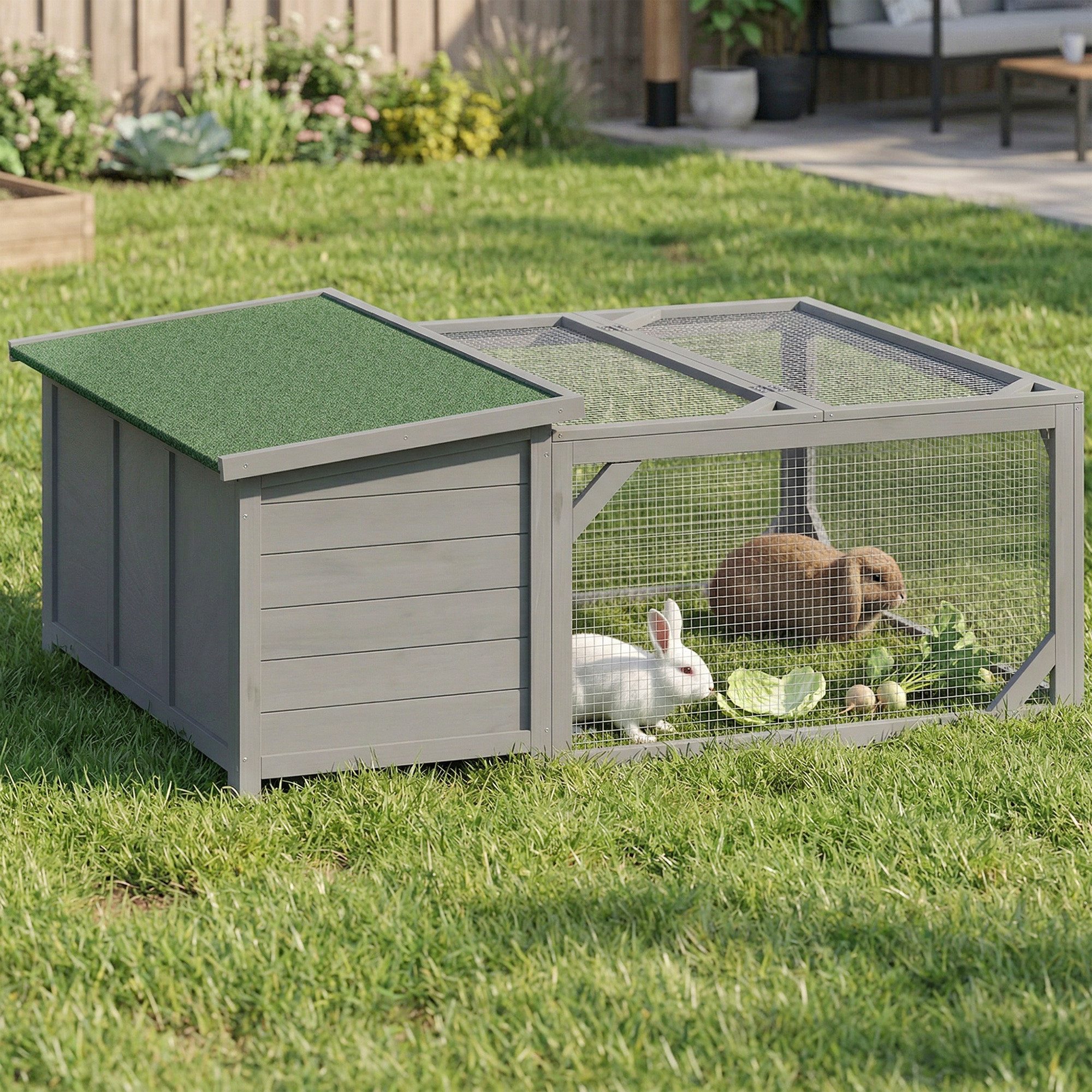 PawHut Kleintierstall Zwergkaninchenstall Kleintierkäfig wetterbeständig Tannenholz, für Kaninchen, Meerschweinchen Outdoor 125,5 x 100 x 49 cm Grau von PawHut