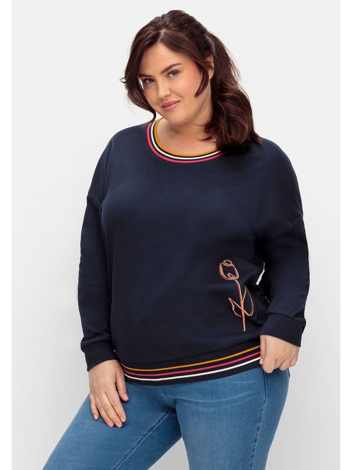 Sheego Sweatshirt Große Größen mit Ringelbündchen und Stickerei