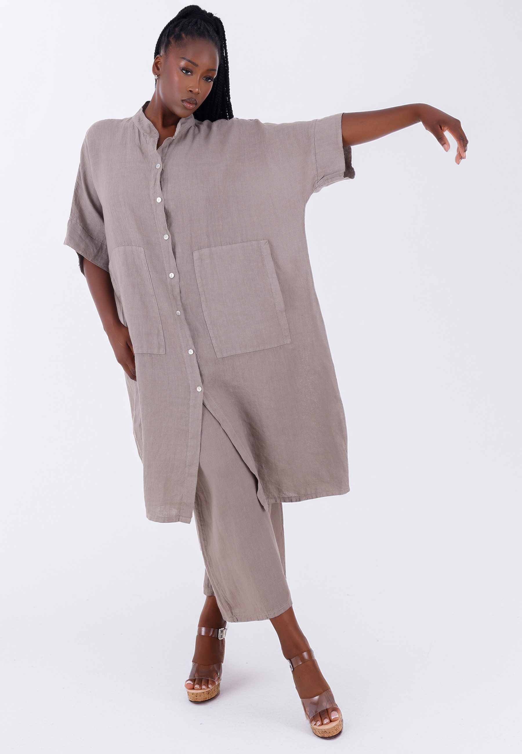 YC Fashion & Style Hemdblusenkleid Leinen-Blusenkleid in Plus Size – Oversized mit Knopfleiste & Taschen in Unifarbe