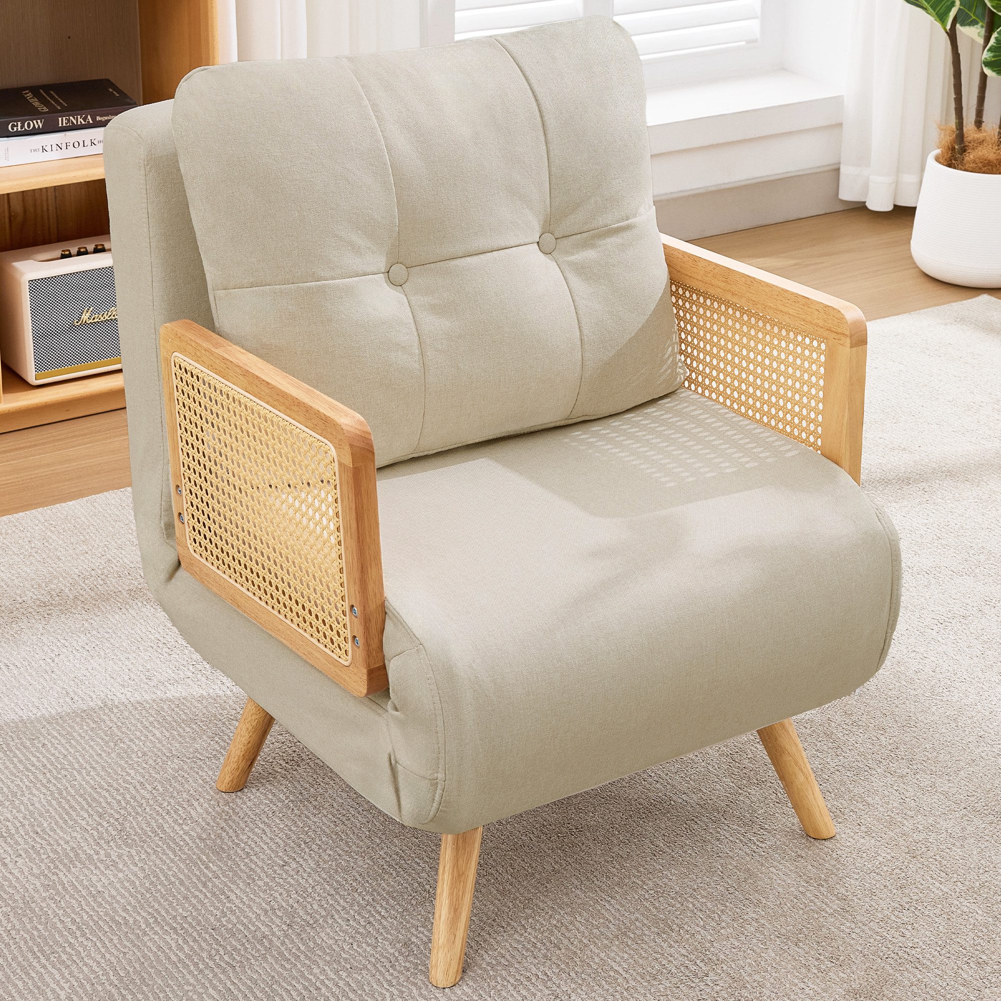 Odikalo Loungesessel Schlafsessel mit Schlaffunktion ausklappbarer Relaxsessel & Gästebett (gepolsterter Loungesessel mit 5-fach verstellbarer Rückenlehne und Rattan-Armlehnen)