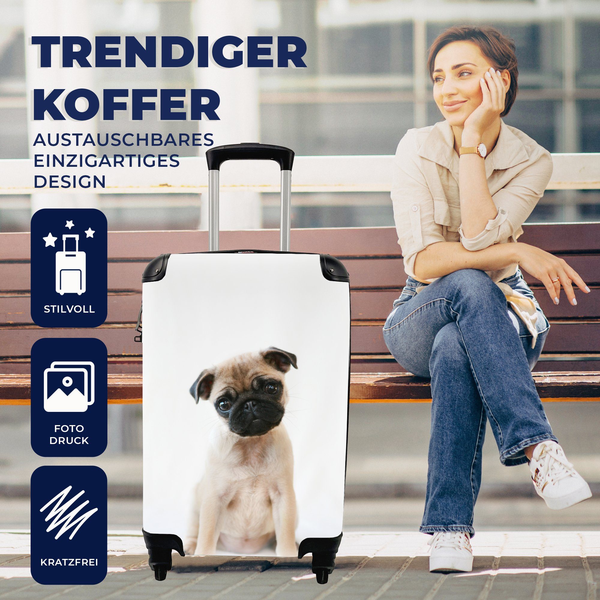 Haustiere Ferien, - MuchoWow Reisetasche Handgepäck Rollen, Trolley, - Porträt, 4 mit rollen, für Handgepäckkoffer Reisekoffer Hund