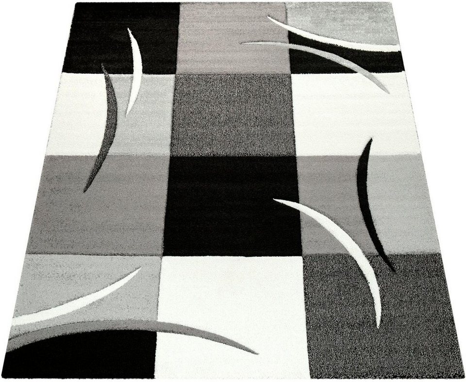 Kurzflor Teppich Schwarz für Wohnzimmer Schlafzimmer Linien Kachel Muster modern 