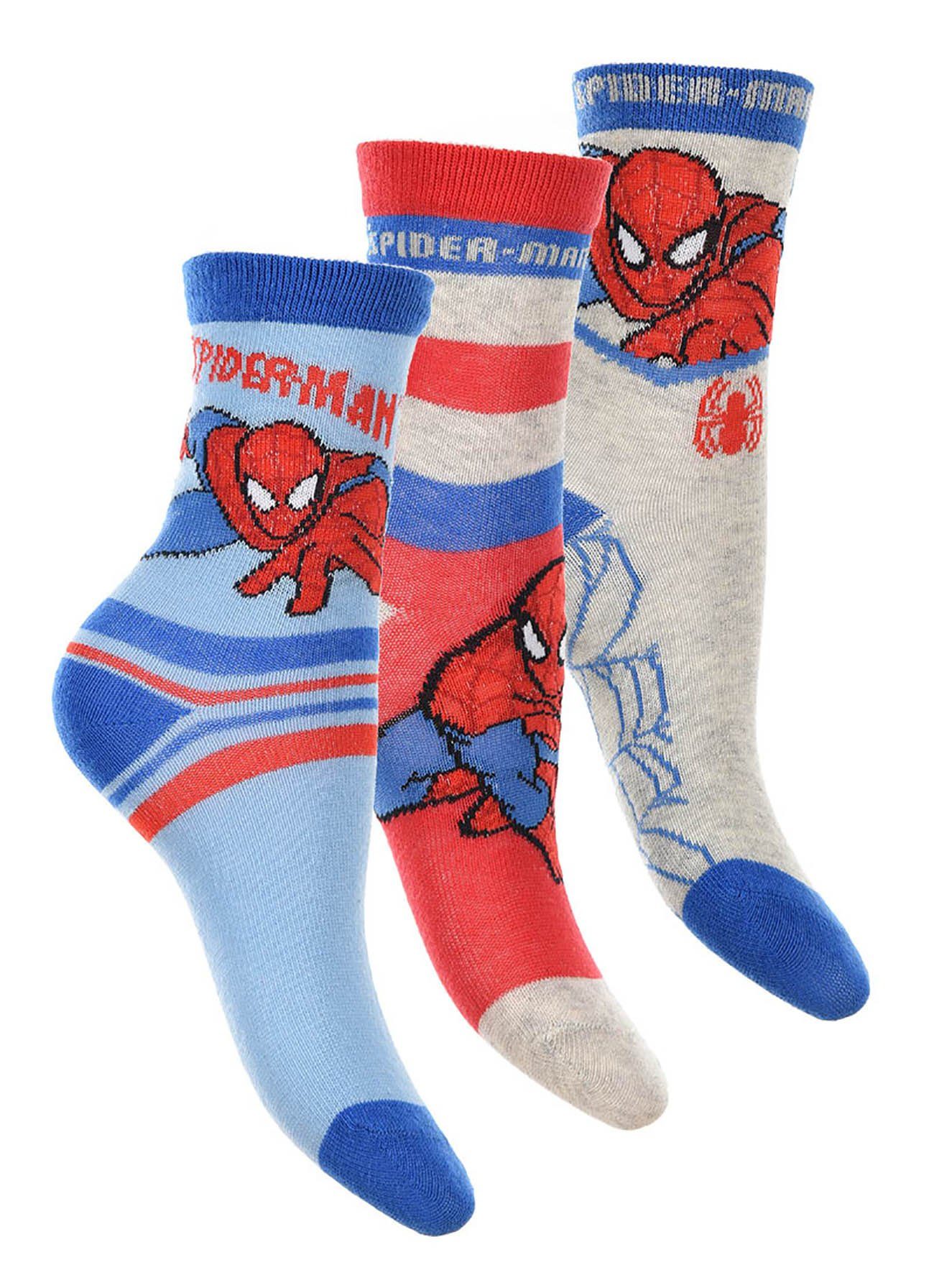 Spiderman Socken Kindersocken, 3er Pack, rot-grau-blau, Größe:23-26