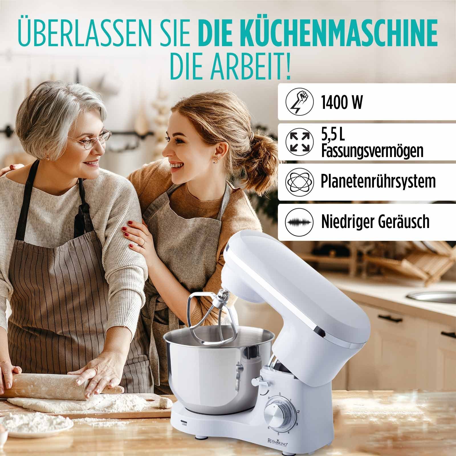ROSMARINO Küchenmaschine, 1400 W, 5,50 l Schüssel