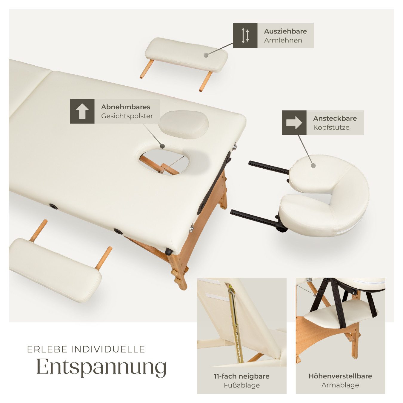 tectake Massageliege Massagetisch klappbar mit Holzgestell, Polsterung (Tragbarer Massagetisch Daniel, 1-St., in Beige), Inkl. Tragetasche, bis 250 kg belastbar, 62-84 cm höhenverstellbar