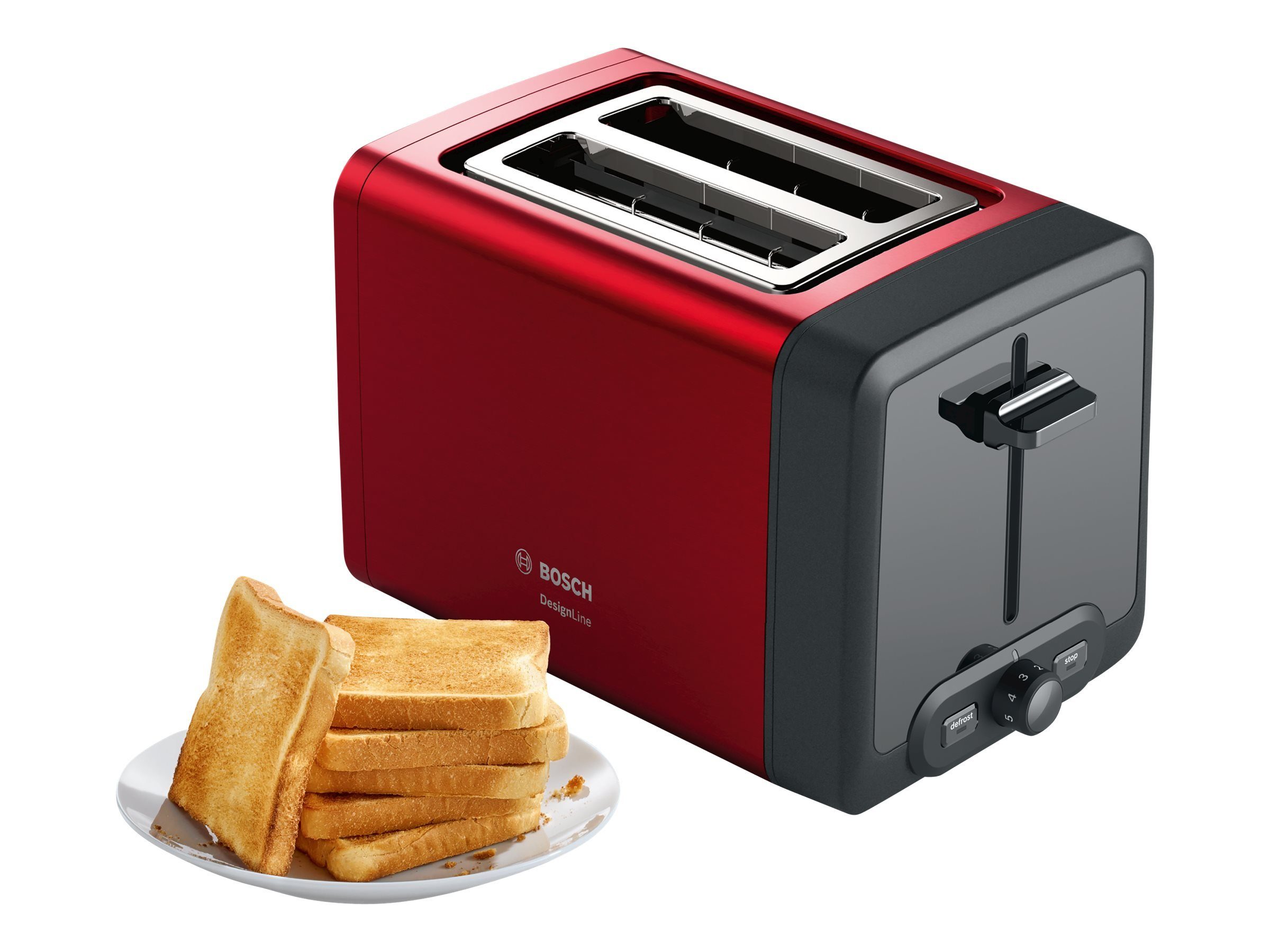 BOSCH Toaster lange 2 TAT4P424, Lift, 2 Auftaufunktion, für W, Schlitze, Brötchenaufsatz, 970,00 High Integrierter Zentrierung Scheiben