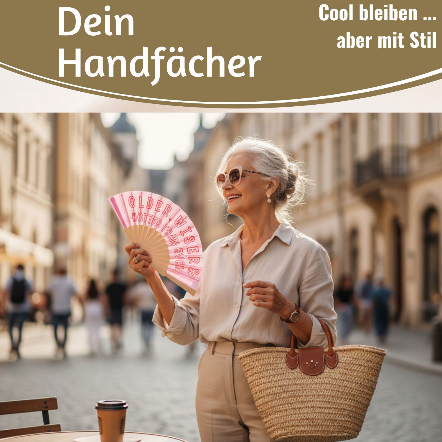 LS-LebenStil Handfächer Holz Stoff Fächer "Older Wiser Hotter" Pink Rot faltbar Faltfächer, (hochwertig aus Holz mit Stoff und coolem lustigem Spruch, 1-tlg., Styliche Abkühlung), für Geburtstag, Hochzeit, Party oder als Wand Dekoration