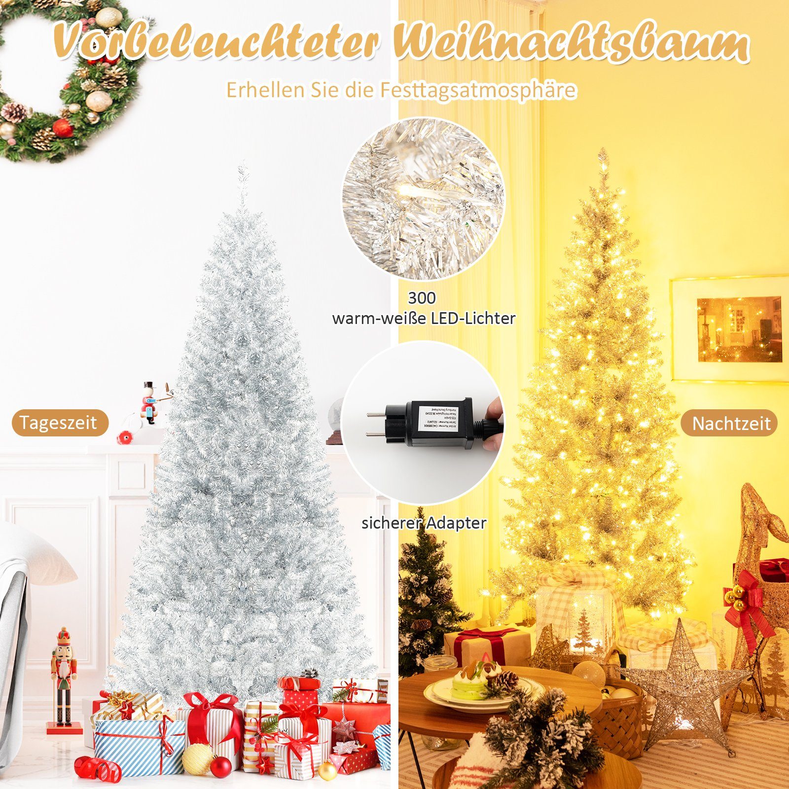 Künstlicher silber 790 Spitzen, & 180cm COSTWAY LEDs Weihnachtsbaum, 300 mit