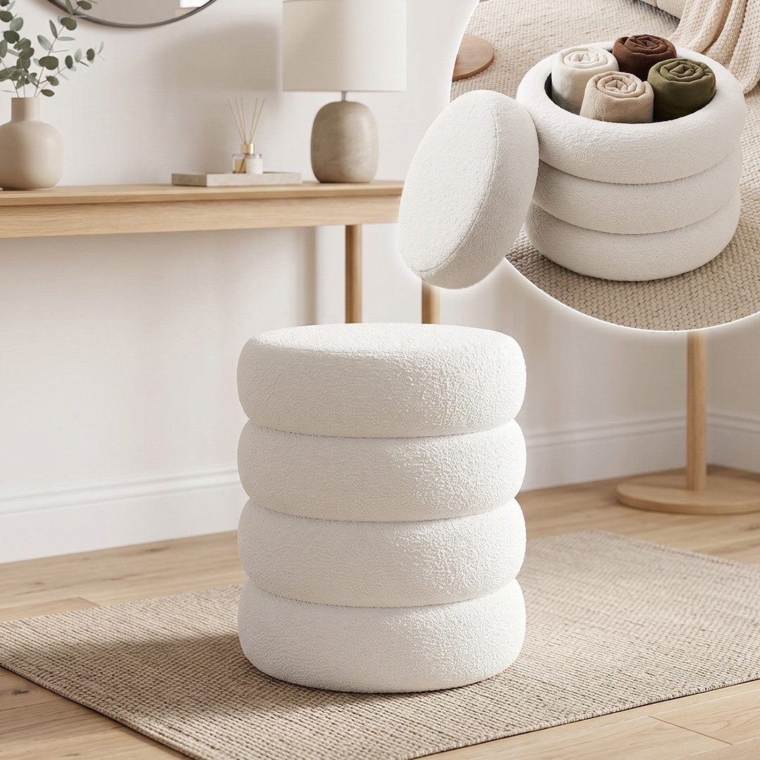 skølm Hocker Selene mit Stauraum, Sitzhocker & Polsterbank, Teddy Bouclé Stoff (creme-weiß, 42 × 42 × 47 cm), Aufbewahrungshocker mit Deckel, Polsterhocker für Schminktisch von skølm