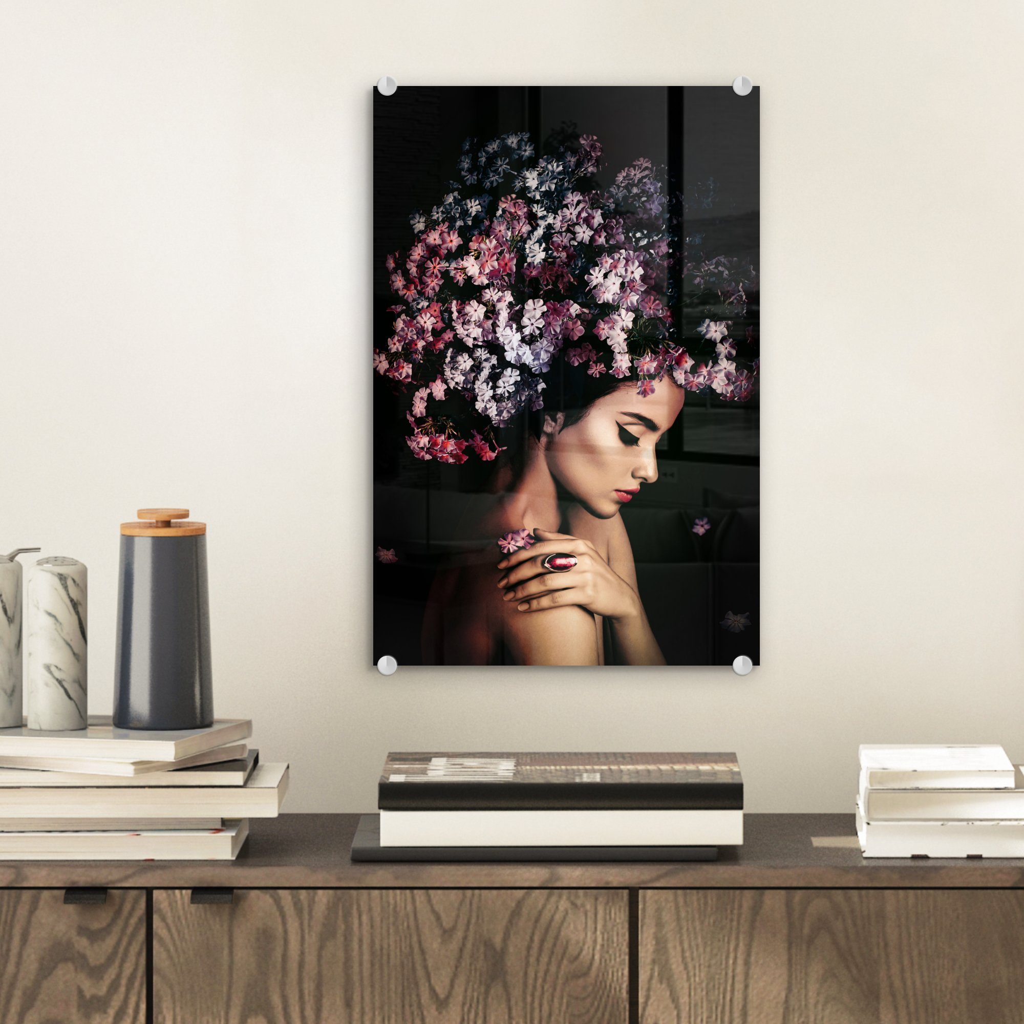 MuchoWow Acrylglasbild Blossom - Frau - Rosa - Luxus, Inkl. Aufhängung, Dekorative Bild für Küche & Wohnzimmer auf Glas, 20x30 cm