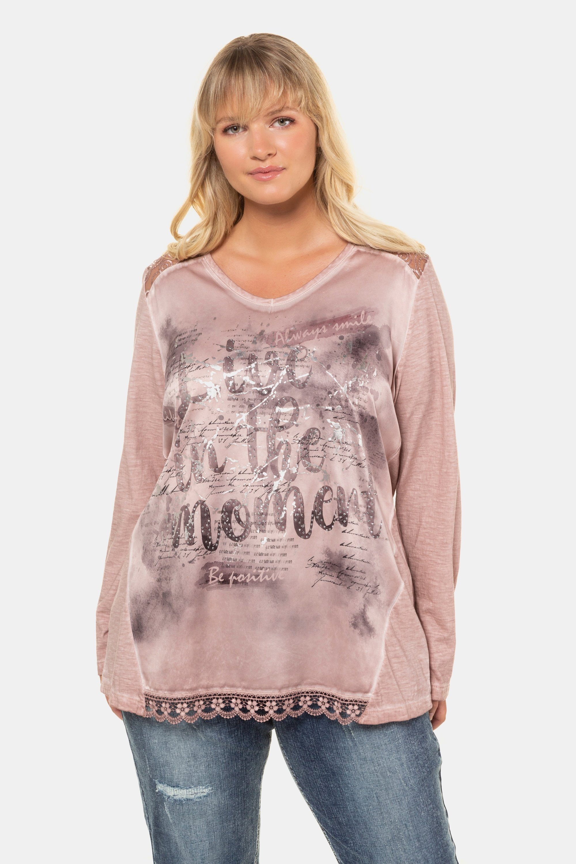 Ulla Popken Rundhalsshirt Shirt verzierte Schrift Classic Spitze