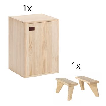 Astigarraga Kit Line Nachtschrank Dinamic Regal-Set "Nachttisch", Schränkchen mit Tür (Schrankmodul mit Füßen) Unbehandeltes Vollholz aus europäischem Anbau