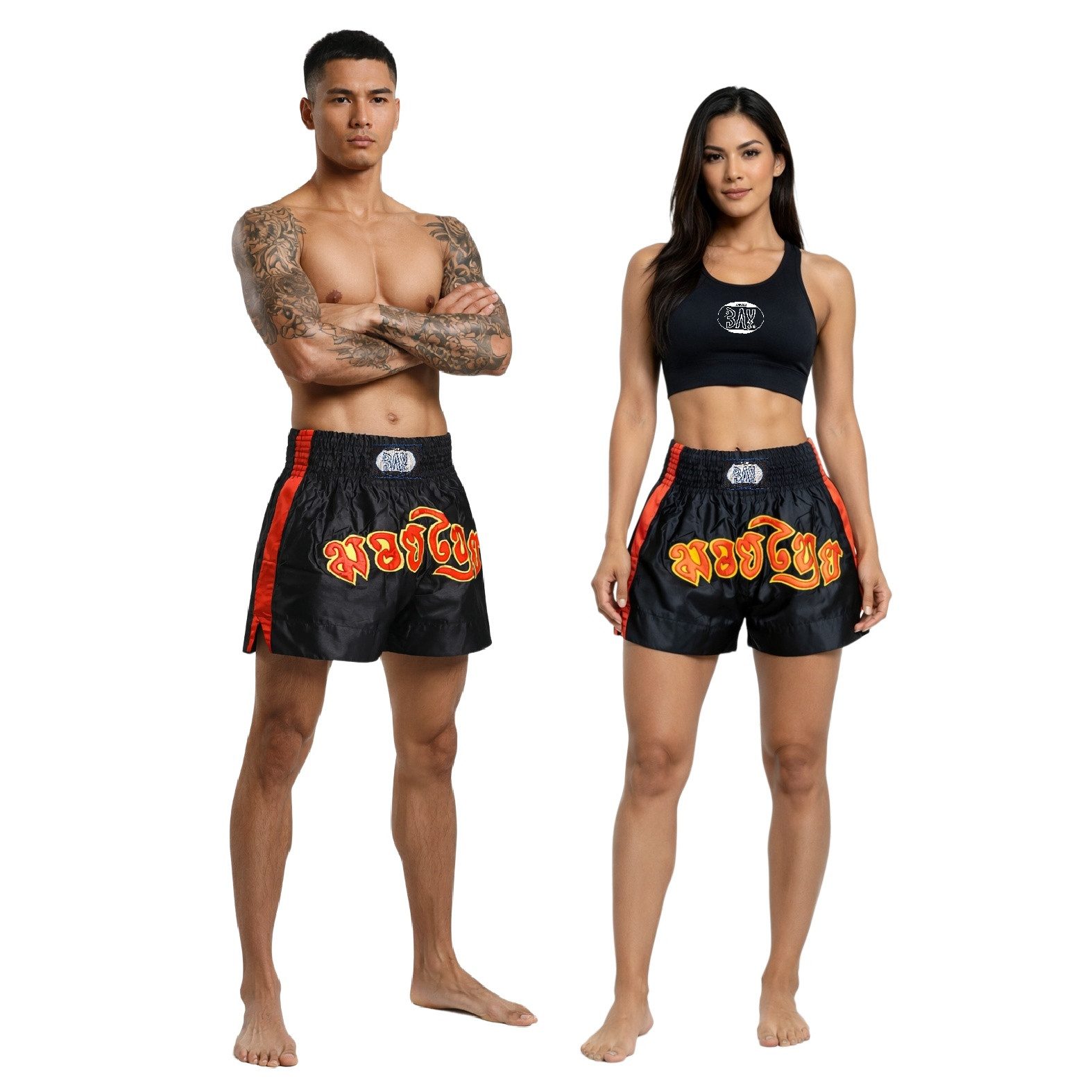 BAY-Sports Sporthose Thaiboxhose REMY Muay Thai Hose Shorts Thaiboxen MMA kurz Kickboxen kurze, leichte, locker sitzende Trainingshose, Schwarz/Rot/Gelb