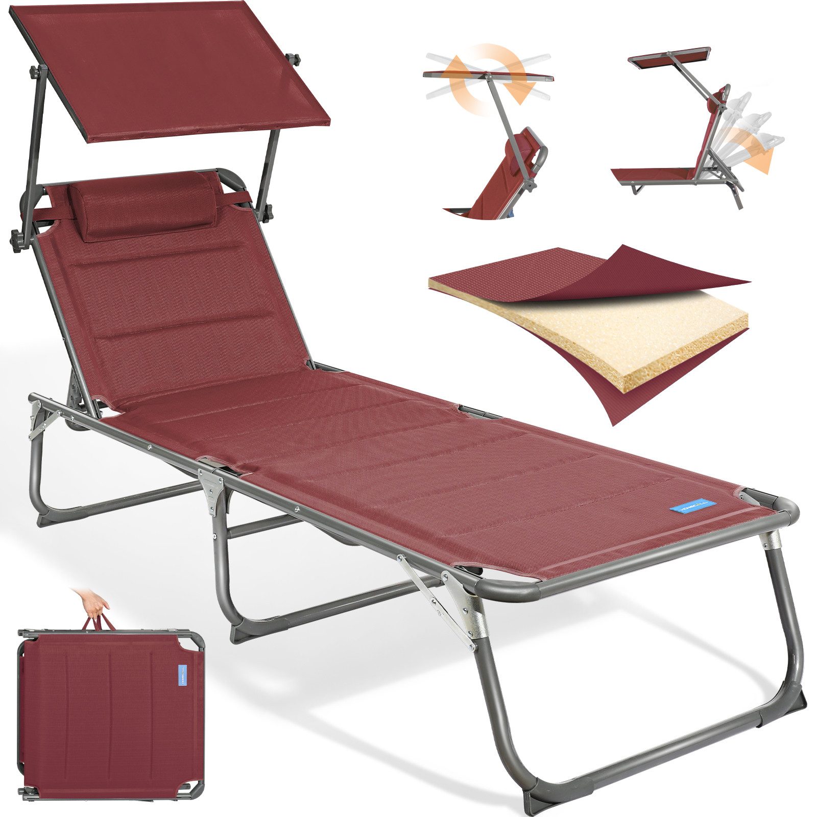 HOMECALL Gartenliege Sonnenliege AluLiege Liegestuhl Strandliege Liegen, klappbar, Textilene Mit Dickem Schwamm, Verstellbare Rückenlehne, Sonnenblende, Kopfpolster, bis 180KG