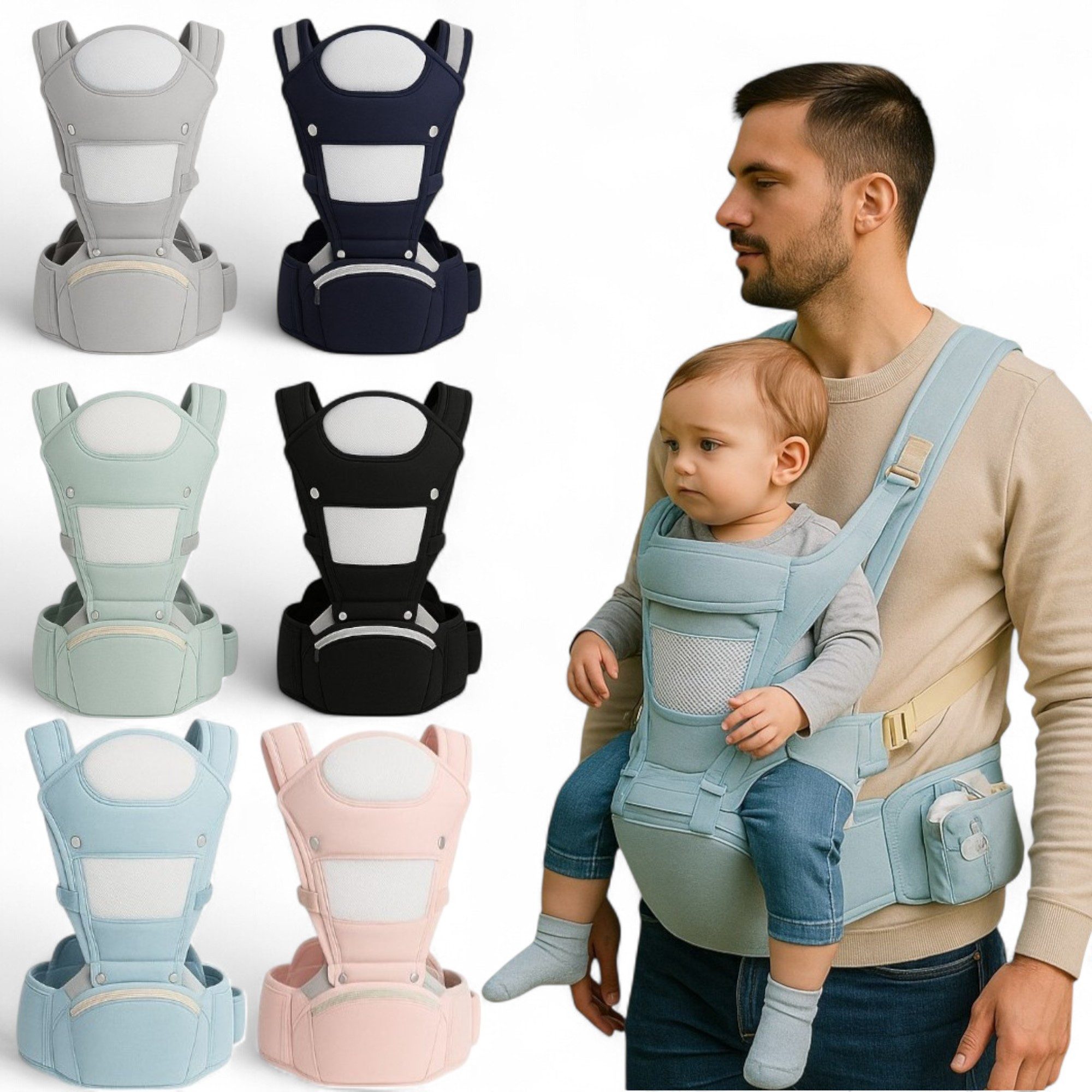 Tragetuch Babytrage mit Hüftsitz 6-in-1 Tragesystem für Neugeborene Verstellbar