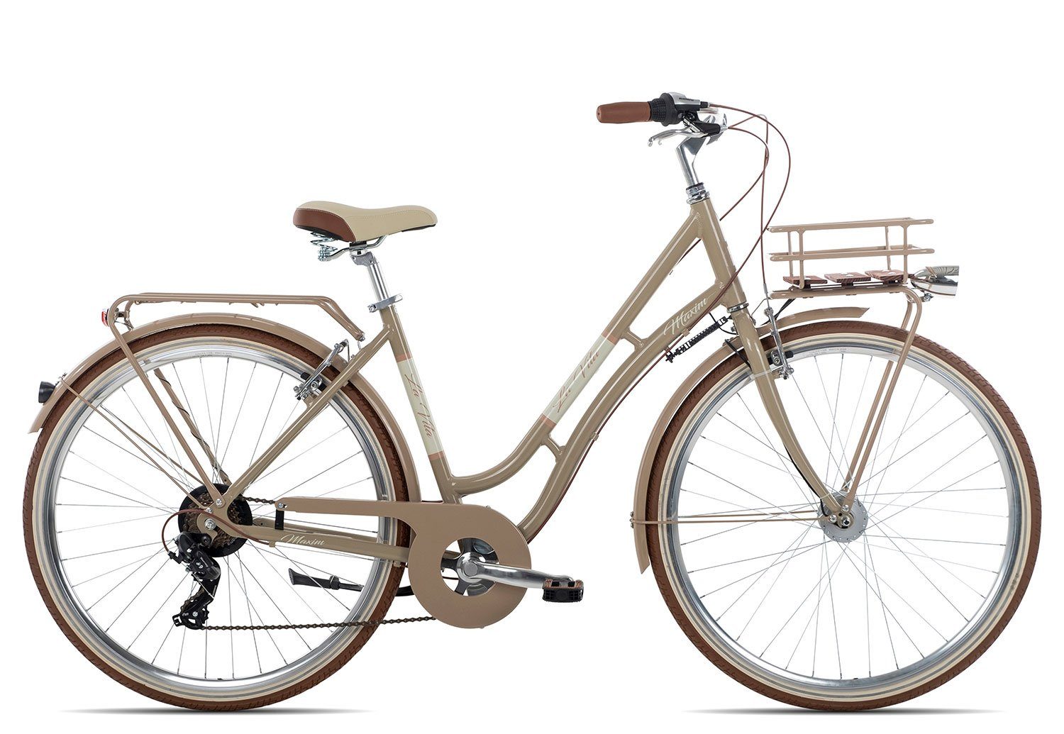 Maxim Cityrad La Vita, 7 Gang Shimano Tourney 7 Schaltwerk, Kettenschaltung, Damen Citybike Tiefeinstieg 28 Zoll braun/beige