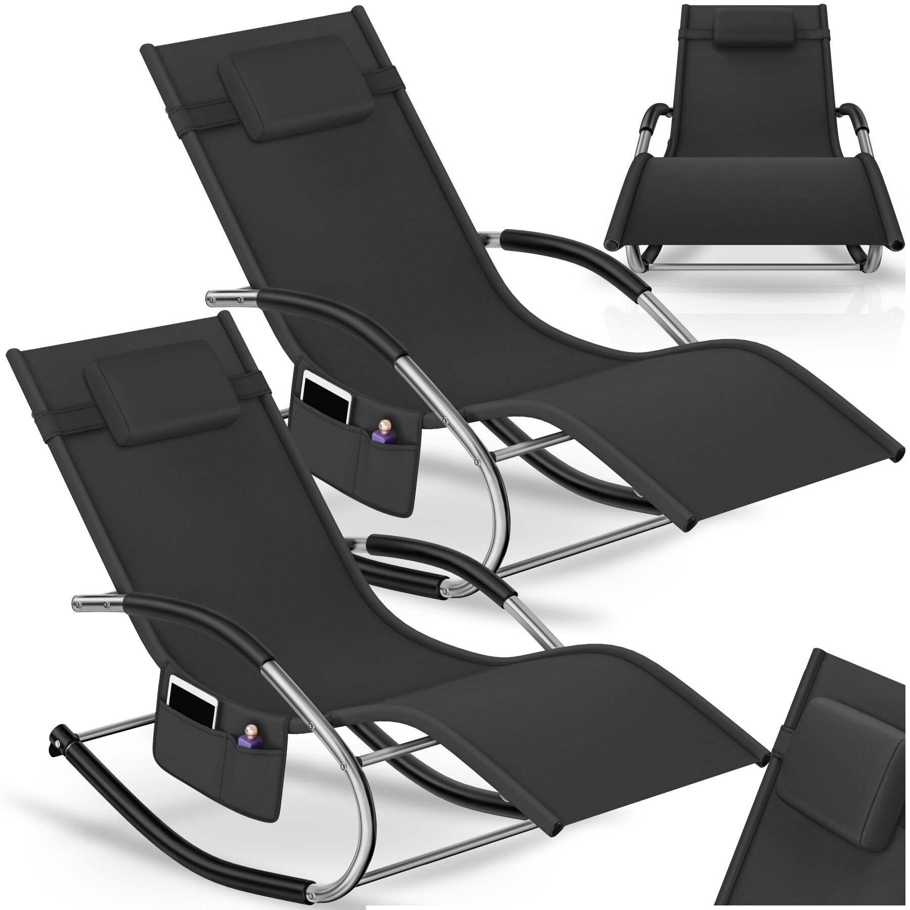tectake Gartenliege ergonomische Sonnenliege, Belastbarkeit 120 kg, 62 x 146 x 92 cm, Balkonliege Taya, 2 St., für Außen in Schwarz, gepolstert, atmungsaktiv, wasserabweisend, mit Aufbewahrungstasche
