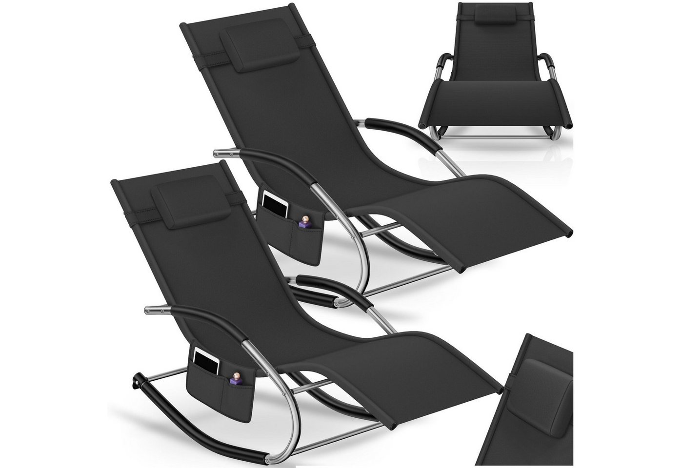 tectake Gartenliege Wetterfeste Relaxliege mit Kopfkissen, Seitentasche, Schwingfunktion, Outdoor-liege Taya, 2 St., in Schwarz, Atmungsaktives Textilene-Gewebe, geschwungene Armlehnen, Inkl.