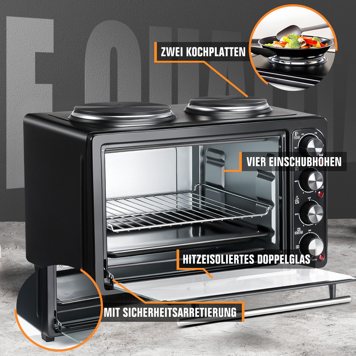 LETGOSPT Multiofen Mini-Backofen mit 2 Kochplatten 36L Kapazität, 3200W, Umluft, max 250°C, geeignet für Camping, Wohnheim & Kleinküchen