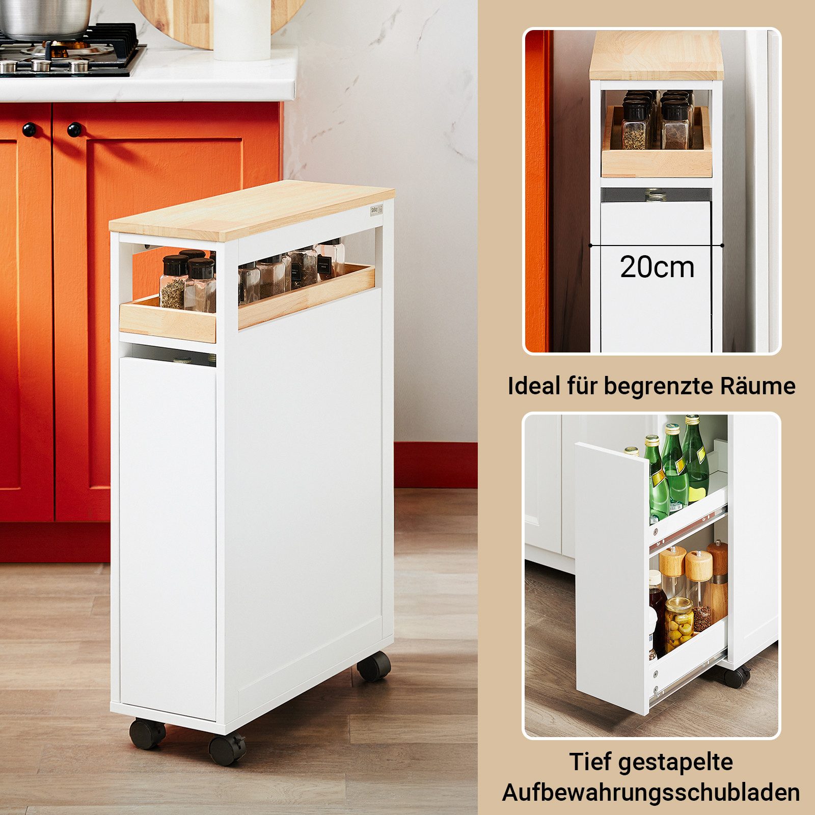 SoBuy Beistellwagen NSR11, Rollregal Rollwagen Küchenregal Badregal schmal, 20 cm breit, Küche