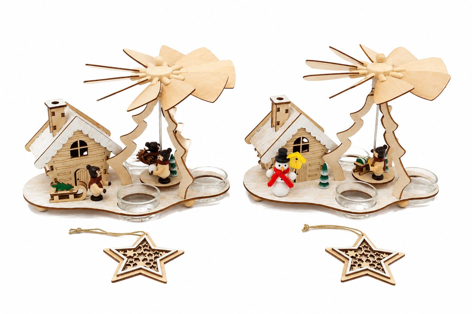 OTTO home Weihnachtsszene Pyramide und Räucherhaus für Teelichter, 2er-Set, 6-Stunden Timer, gratis Holzanhänger, weihnachtliche Dekoration