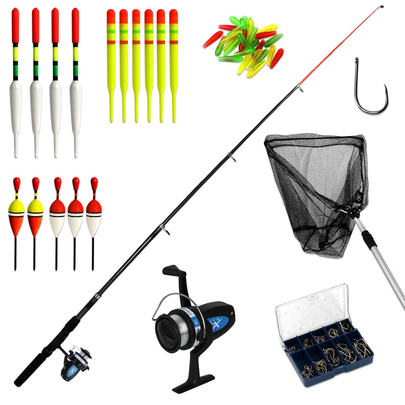 XQMAX Reiserute 121tlg. Angelset Teleskoprute Angelspule Kescher Angelsport Angeln, (Komplettset, 121er Set), Angezubehör Angel-Set Hobbyangler Posen Haken