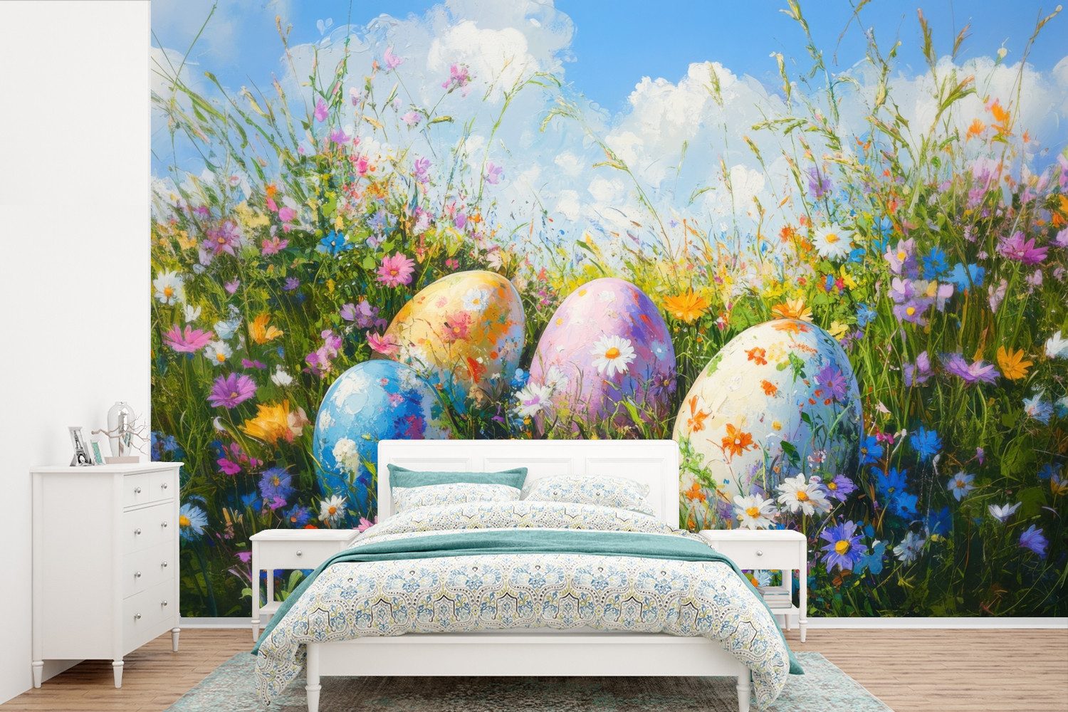 MuchoWow Fototapete Rasen - Eier - Blumen, Matt, bedruckt, Wallpaper für Wohnzimmer, Schlafzimmer, Vinyl Tapete, 330x220 cm
