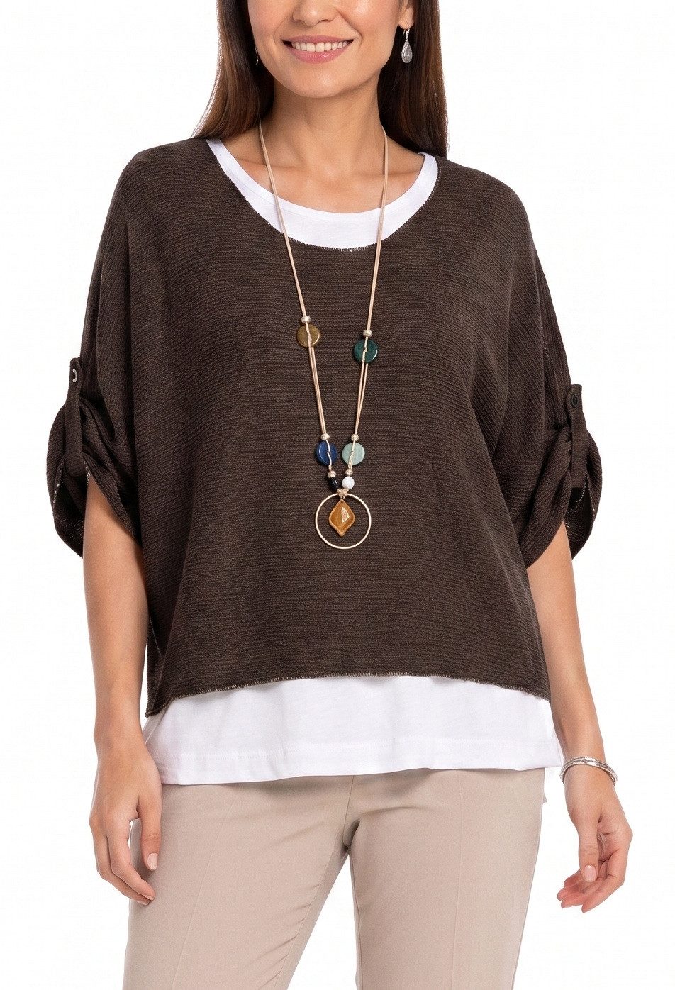dy_mode Blusenshirt Damen Blusenshirt Oberteil 2-in-1 Lagenlook Shirt Fledermausärmel 2-teilige Set, inkl. Halskette, Fledermausärmel