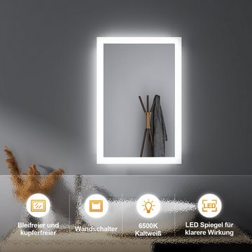 WDWRITTI Badspiegel Badspiegel mit Beleuchtung mit 60x40 cm (Rahmen aus Aluminiumlegierung, Wandschalter), Kaltweiß-6500K,5mm umweltfreundlicher kupferfreier Spiegel