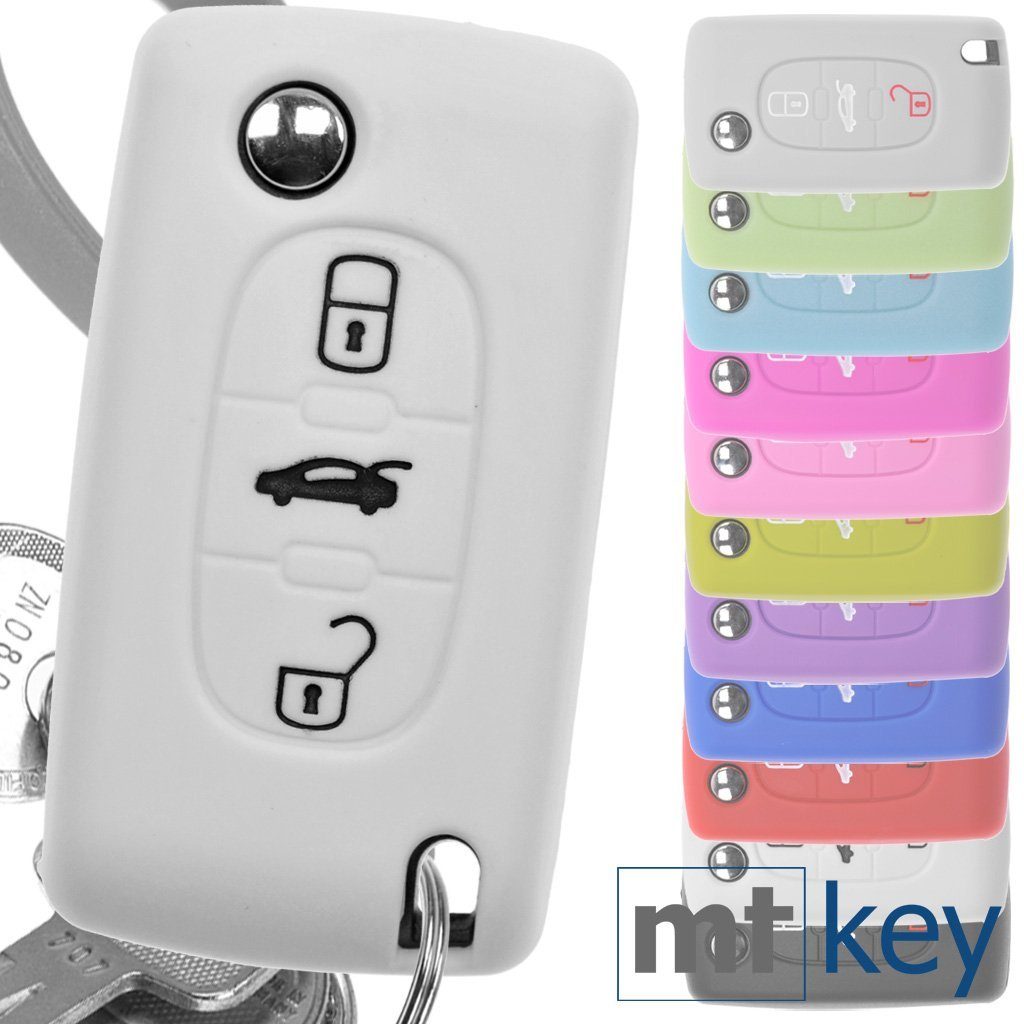 mt-key Schlüsseltasche Autoschlüssel Softcase Silikon Schutzhülle Weiß, für Peugeot 307 308 I 407 Expert RCZ Citroen C4 C5 III 3 Tasten