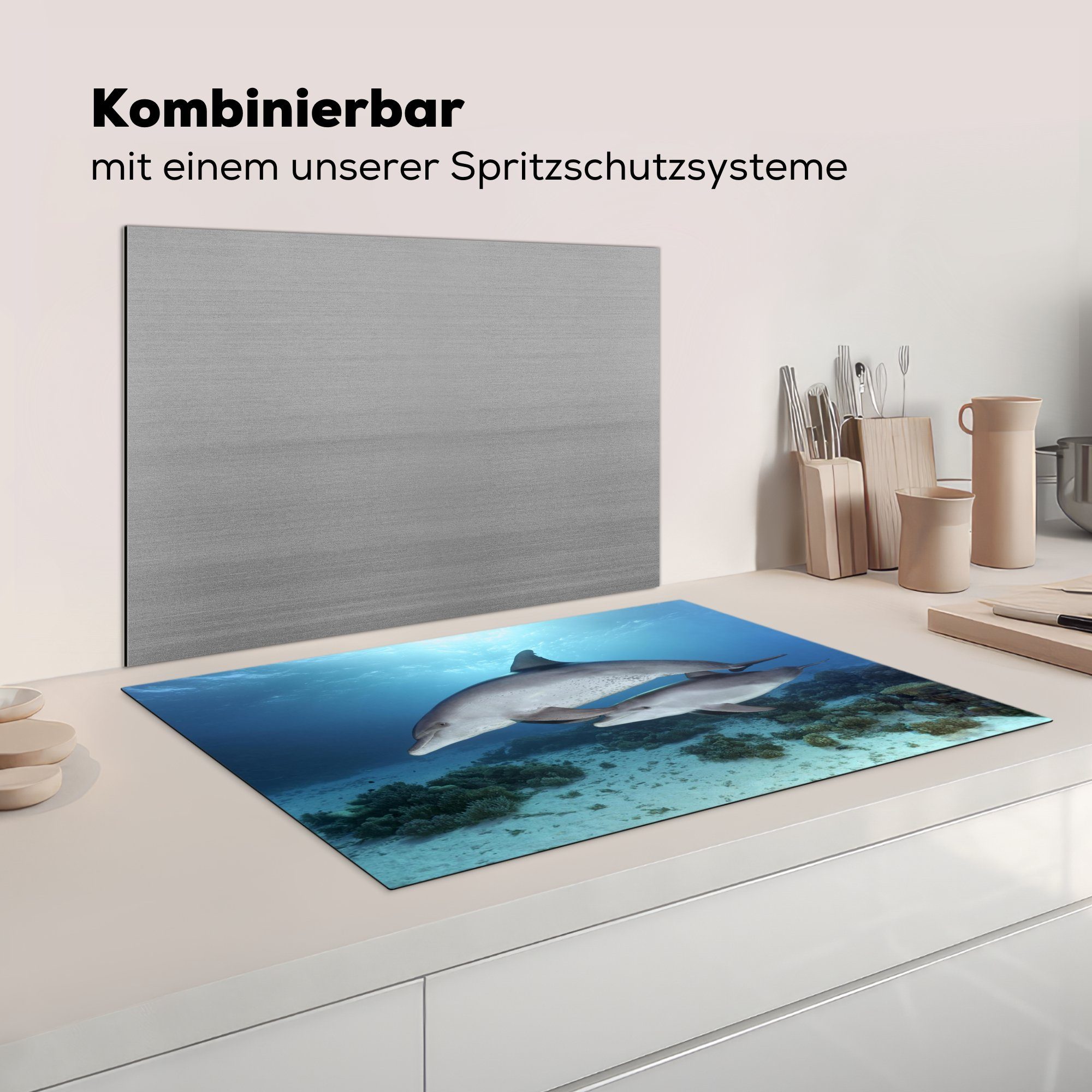 Vinyl, Kalb Induktionskochfeld für cm, die Delfin (1 81x52 tlg), küche, Meer, Schutz - Ceranfeldabdeckung Herdblende-/Abdeckplatte - MuchoWow