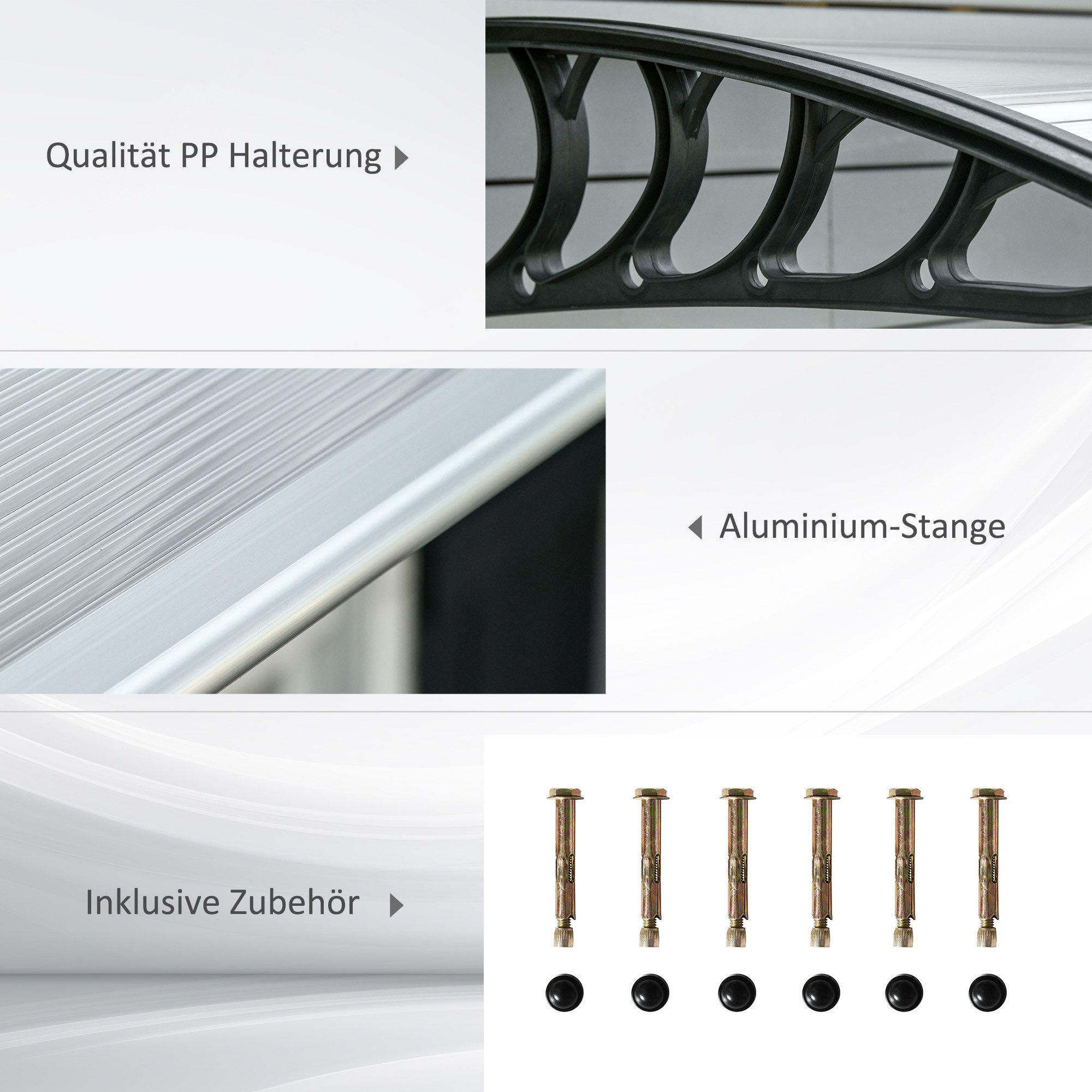 Outsunny Pultvordach Vordach aus Polycarbonat und Aluminium (Überdachung, 1 St., Vordach), 200cm x 96cm x 27cm, Transparent+Schwarz – Bild 5 von 5
