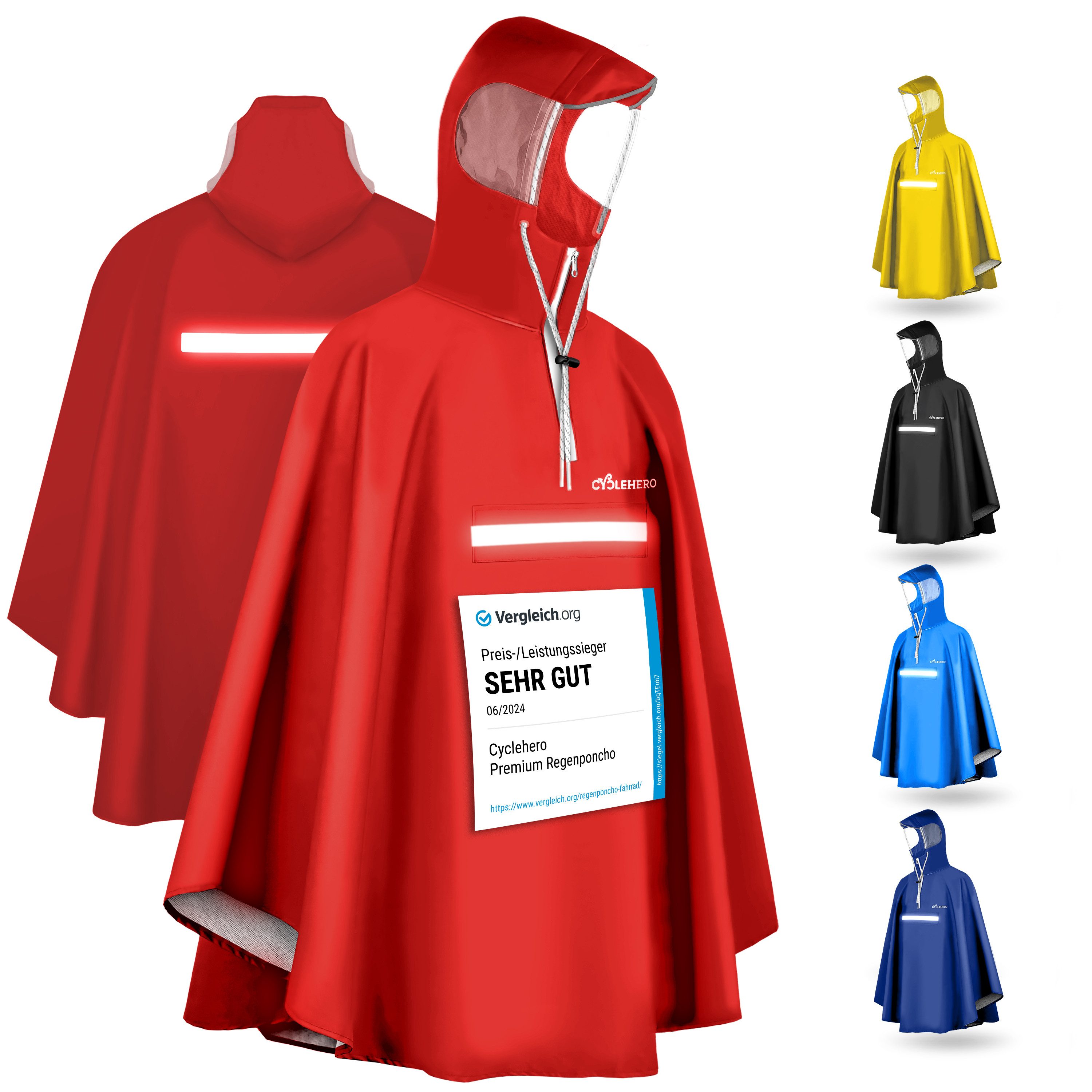 CYCLEHERO Regenponcho Fahrrad mit Reflektoren, wasserdicht, Rot, L, Unisex (Einzelartikel, 1-St., L)