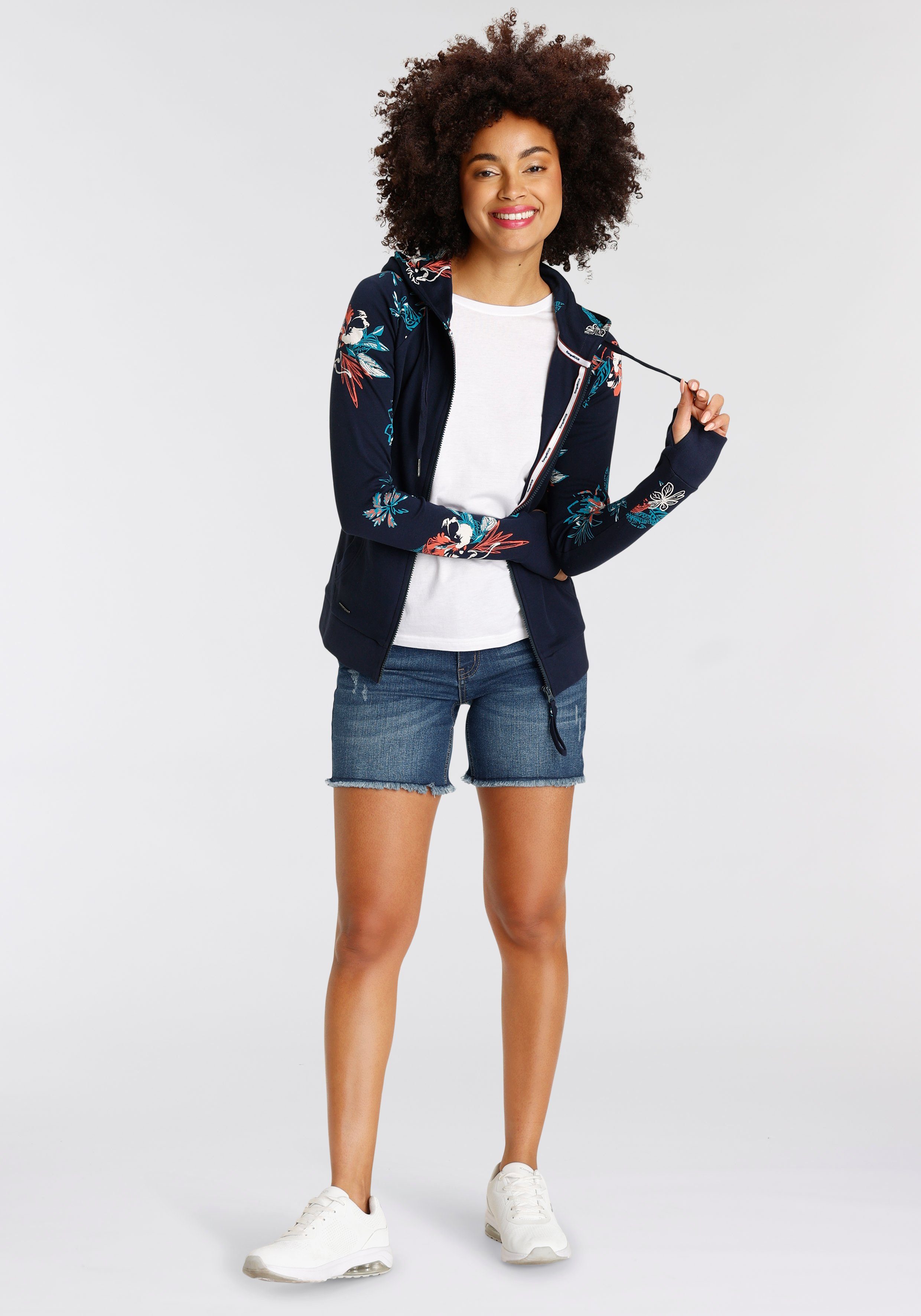 Druck NEUE im Hawaii-Look mit KOLLEKTION KangaROOS marine blumigem Kapuzensweatjacke -