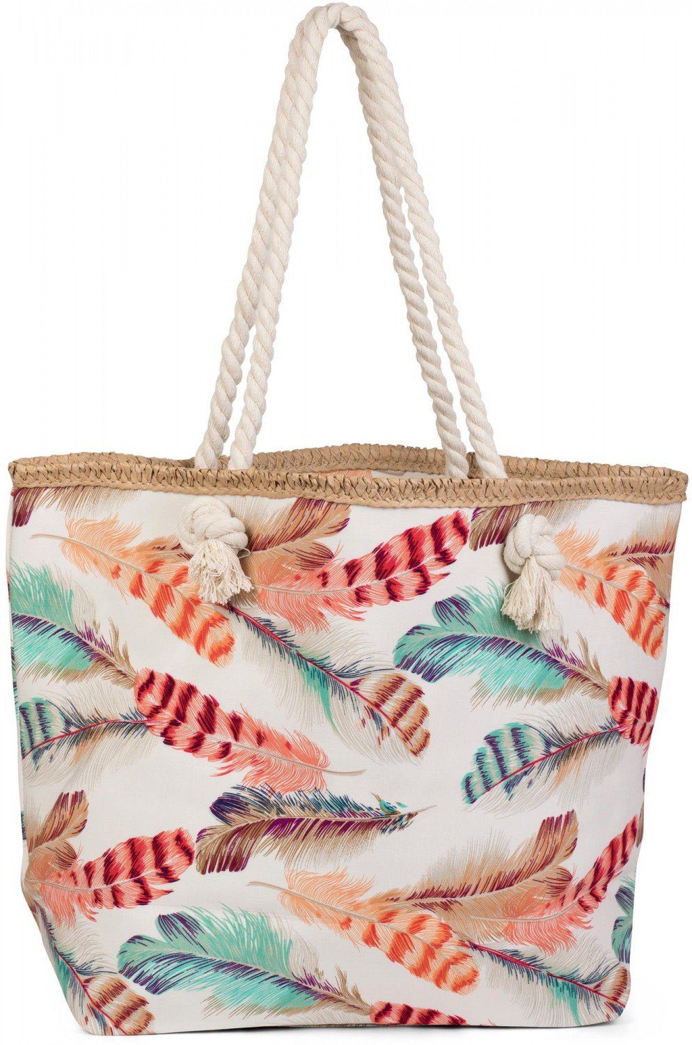 styleBREAKER Strandtasche (1-tlg), Strandtasche mit bunten Federn Creme-Beige