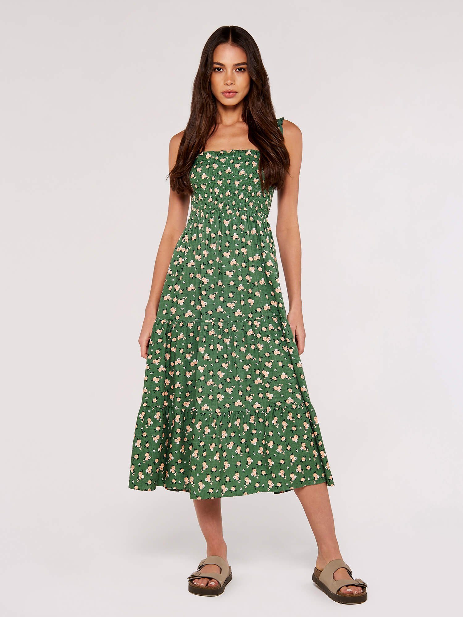 Apricot Midikleid Florales Midikleid mit Smokdetails