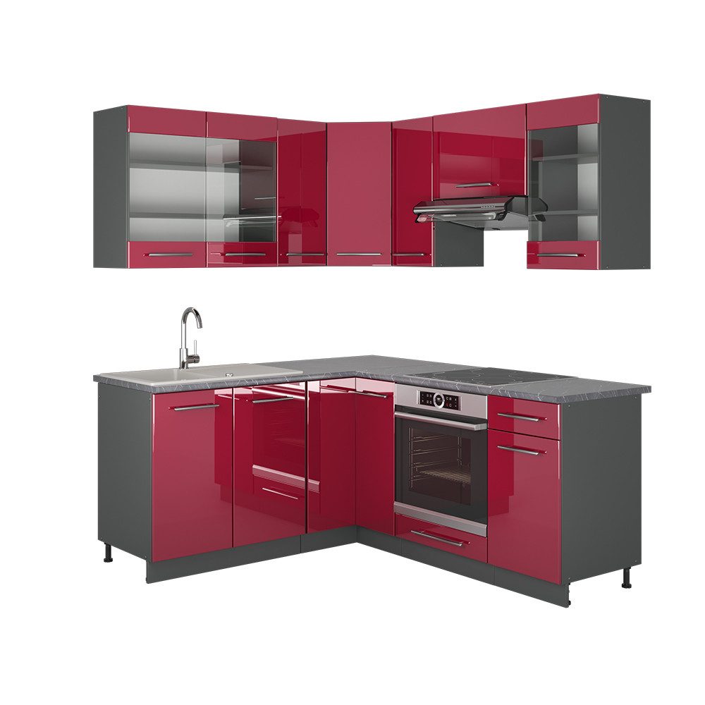 Vicco Winkelküche Fame-Line, Bordeaux Hochglanz/Anthrazit, 160x190cm ohne AP