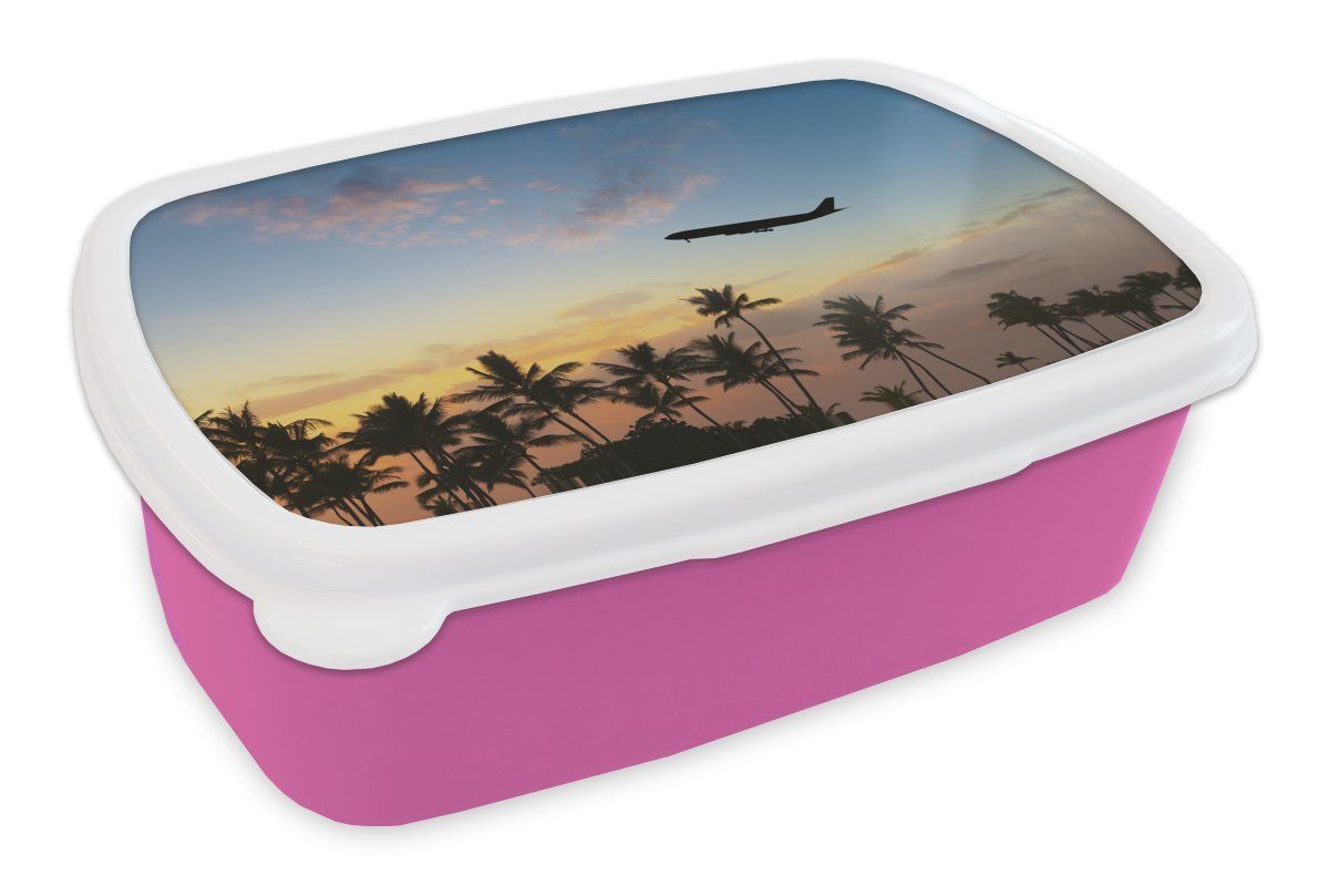 Erwachsene, rosa Kunststoff, Palmen, Silhouette eines Snackbox, Brotdose über (2-tlg), den Flugzeugs MuchoWow Kinder, Mädchen, Brotbox Lunchbox Kunststoff für