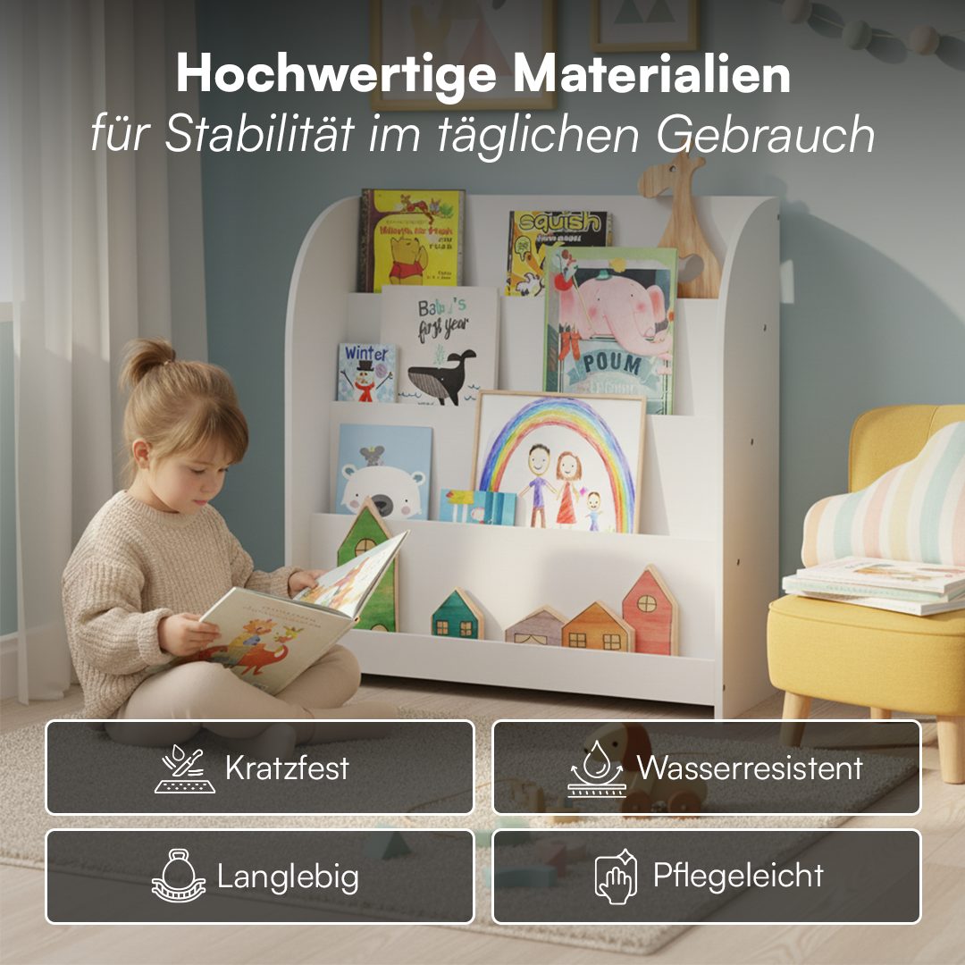 Bellabino Kinderregal Baru mit 4 großzügigen Ablagefächern, weiß, Spielzeugregal 88x30x80 cm, Bücherregal Holz, mit 4 breiten Fächern für Bücher & Spielzeug – Bild 5 von 5