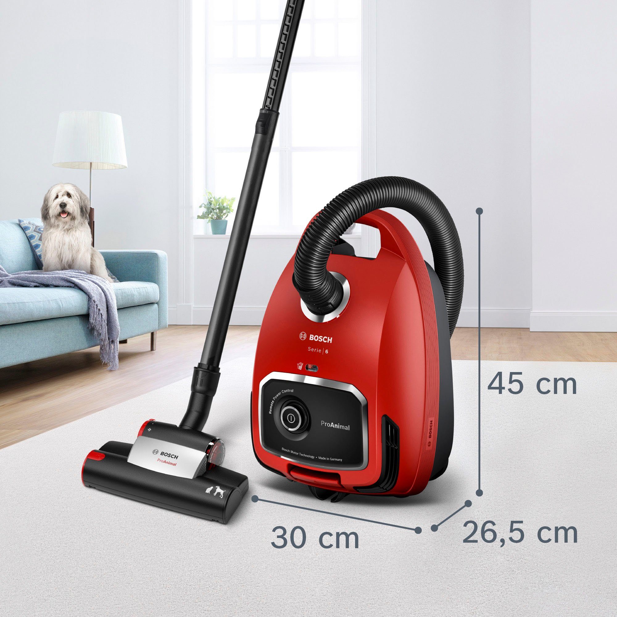 BOSCH Bodenstaubsauger ProAnimal Serie 6 BGL6TPET, Ideal Für Tierhaare Und Allergiker, 700 W, mit Beutel, Hygiene-Filter, Für Parkett, Teppich, Fliesen, Starke Saugkraft, Rot