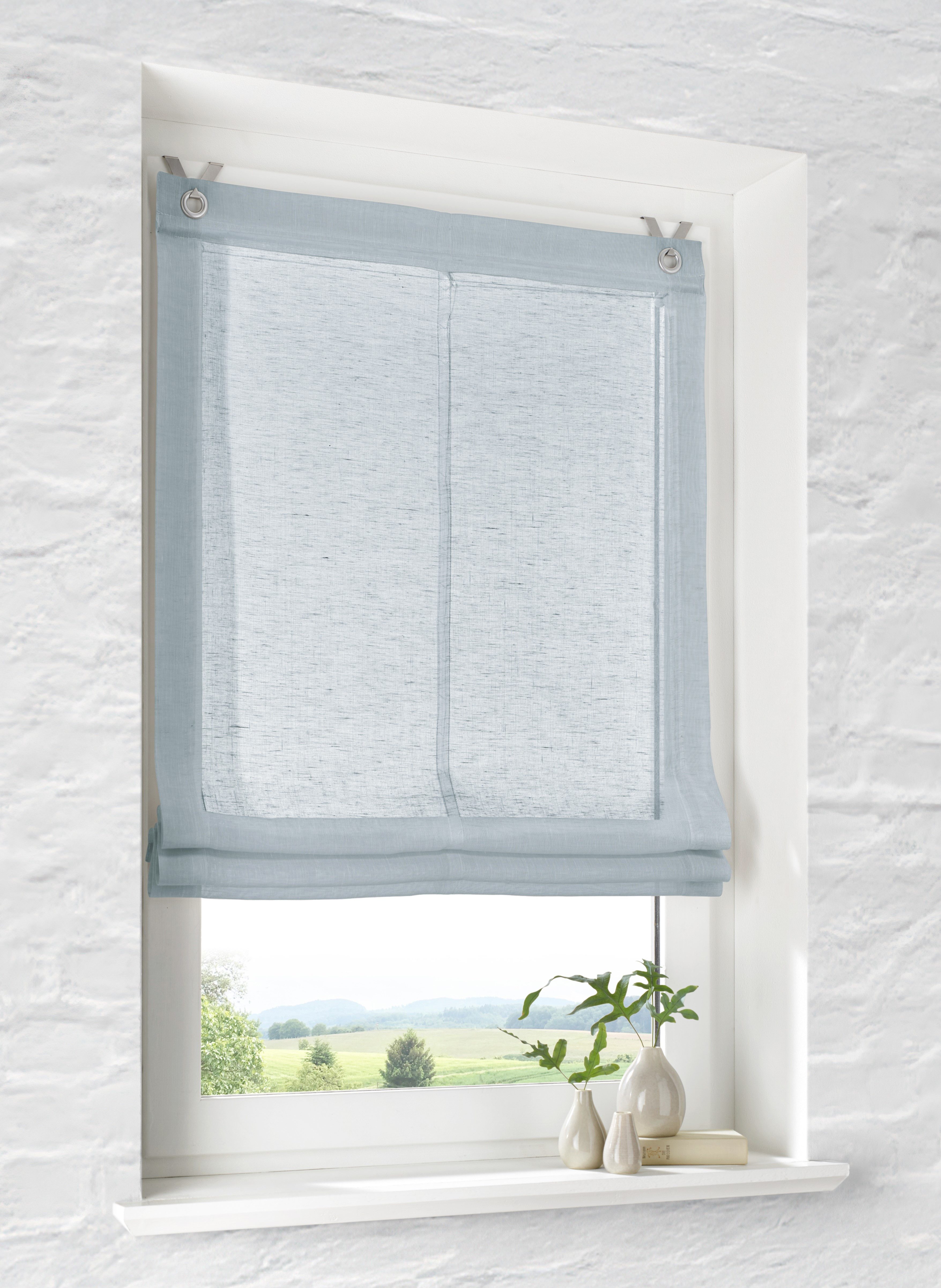 Kutti Raffrollo Brondby, mit Hakenaufhängung, ohne Bohren, freihängend, Leinenoptik lichtfilternd Edelstahlhaken