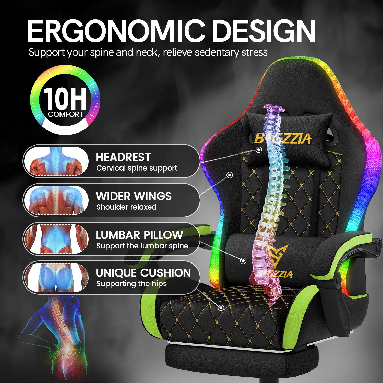 ZAISZE Gaming-Stuhl Bürostuhl Gaming Chair mit LED Lichtleiste, Gamer Stuhl, Ergonomischer Bürostuhl,Kopfstütze und Lendenstütze
