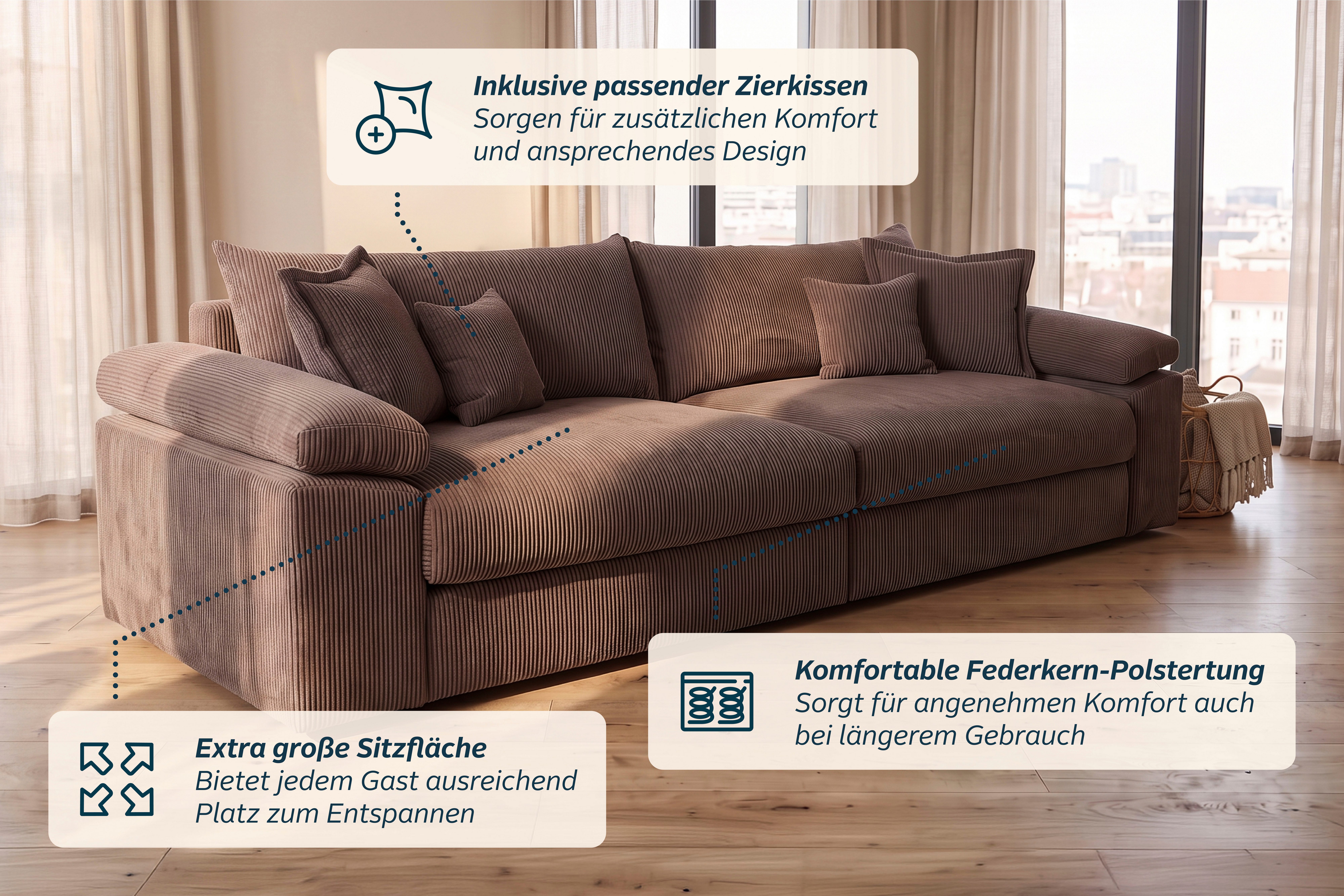 OTTO home Big-Sofa Soft&Cosy XXL, B: 303 cm - OTTO. Verlässliche Qualität., Mega-Sofa, Cord oder Chenille-Struktur, mit Federkern & 4 Zierkissen – Bild 5 von 5