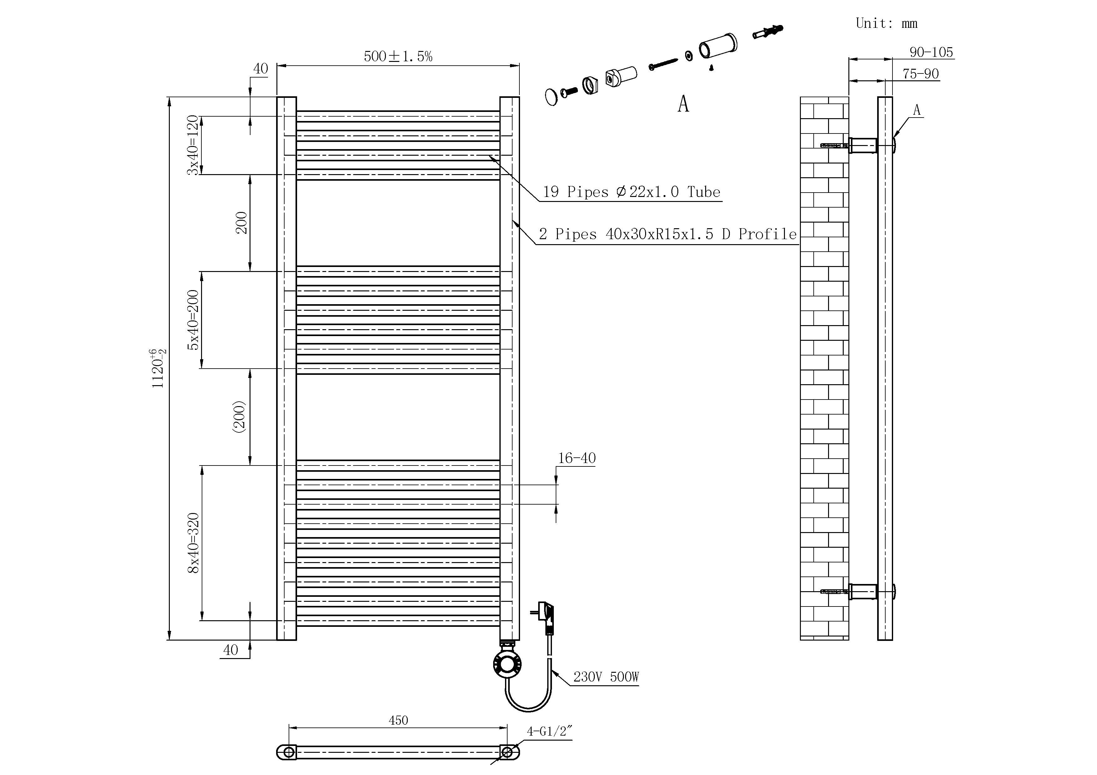 Sanotechnik Badheizkörper E-Bozen 50x112cm, elektrisch, 500W – Bild 3 von 3