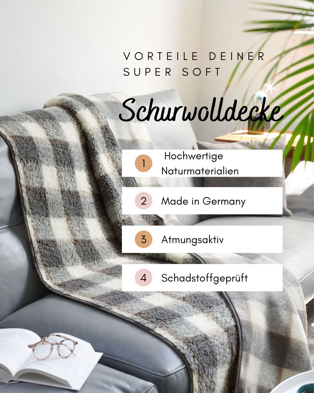 K. & N. Schurwolle Naturfaserbettdecke Schurwolldecke Kuscheldecke „SuperSoft“ – Kuschelig Warm Karo-Grau, kuschlig warm