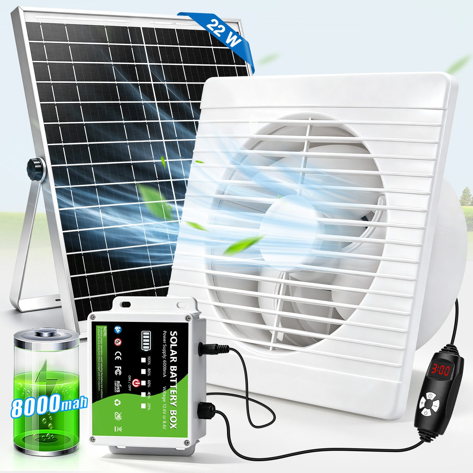 XIIW Wandventilator Solar Abluftventilator mit 8000mAh Powerbank Solarlüfter Ventilator, 200mm/22W mit Solarpanel Timer Akkuanzeige Lüftungsstufenregelung